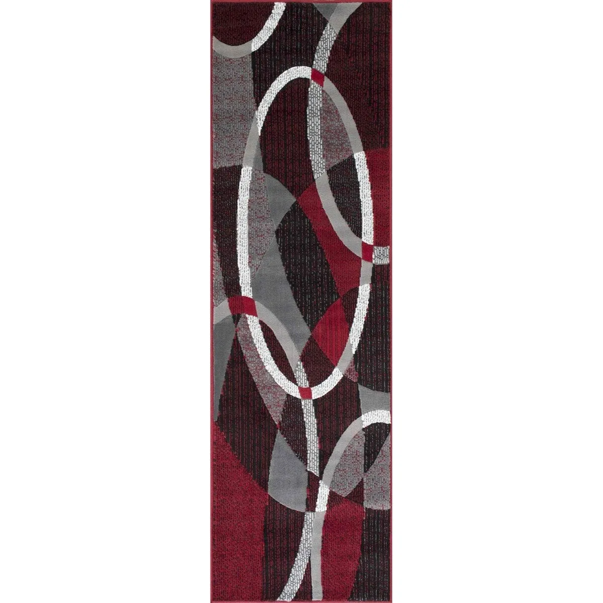 HR Red. Grey. Silver. Black. Abstract Contemporary Modern Design Oval and Circle Pattern Area Rug