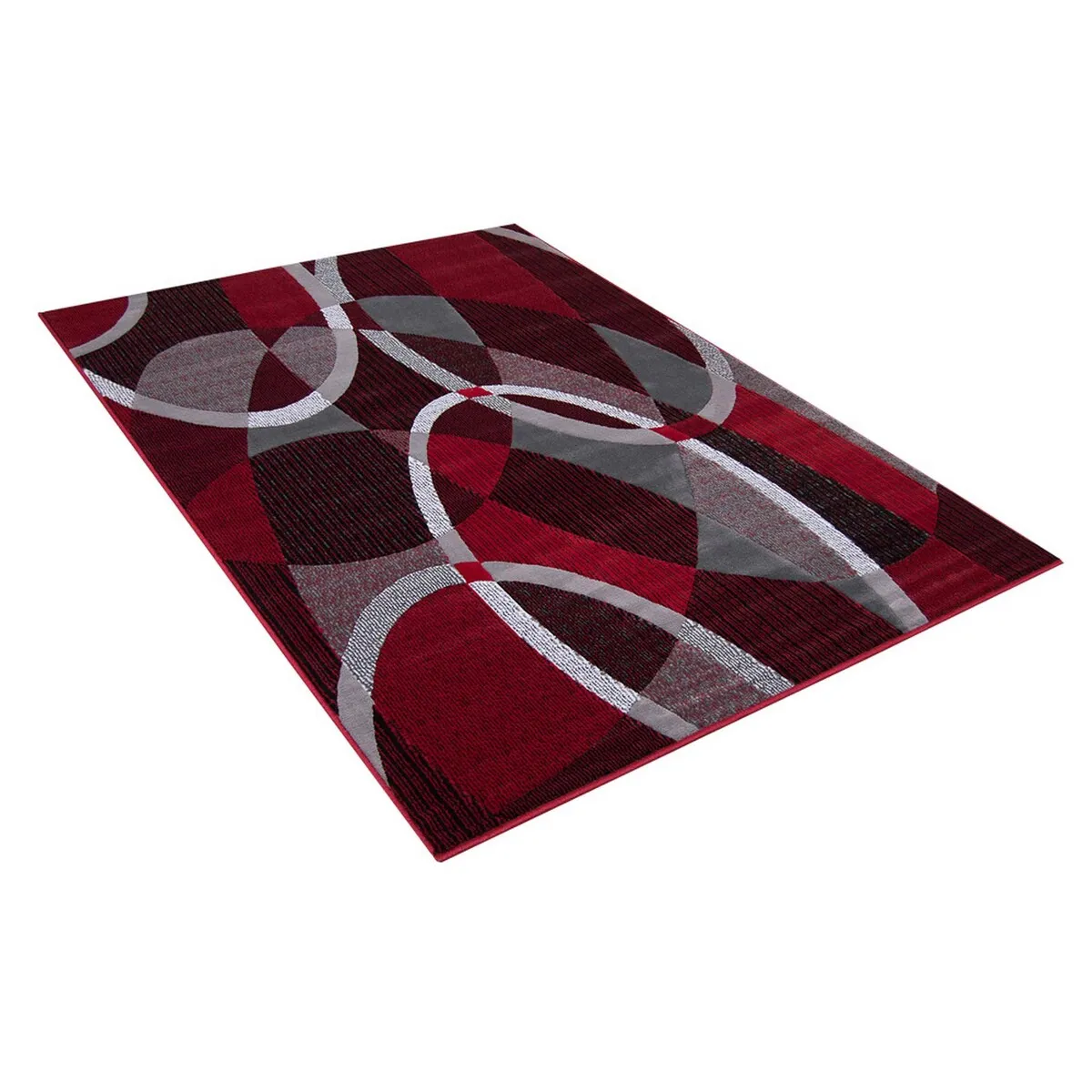 HR Red. Grey. Silver. Black. Abstract Contemporary Modern Design Oval and Circle Pattern Area Rug