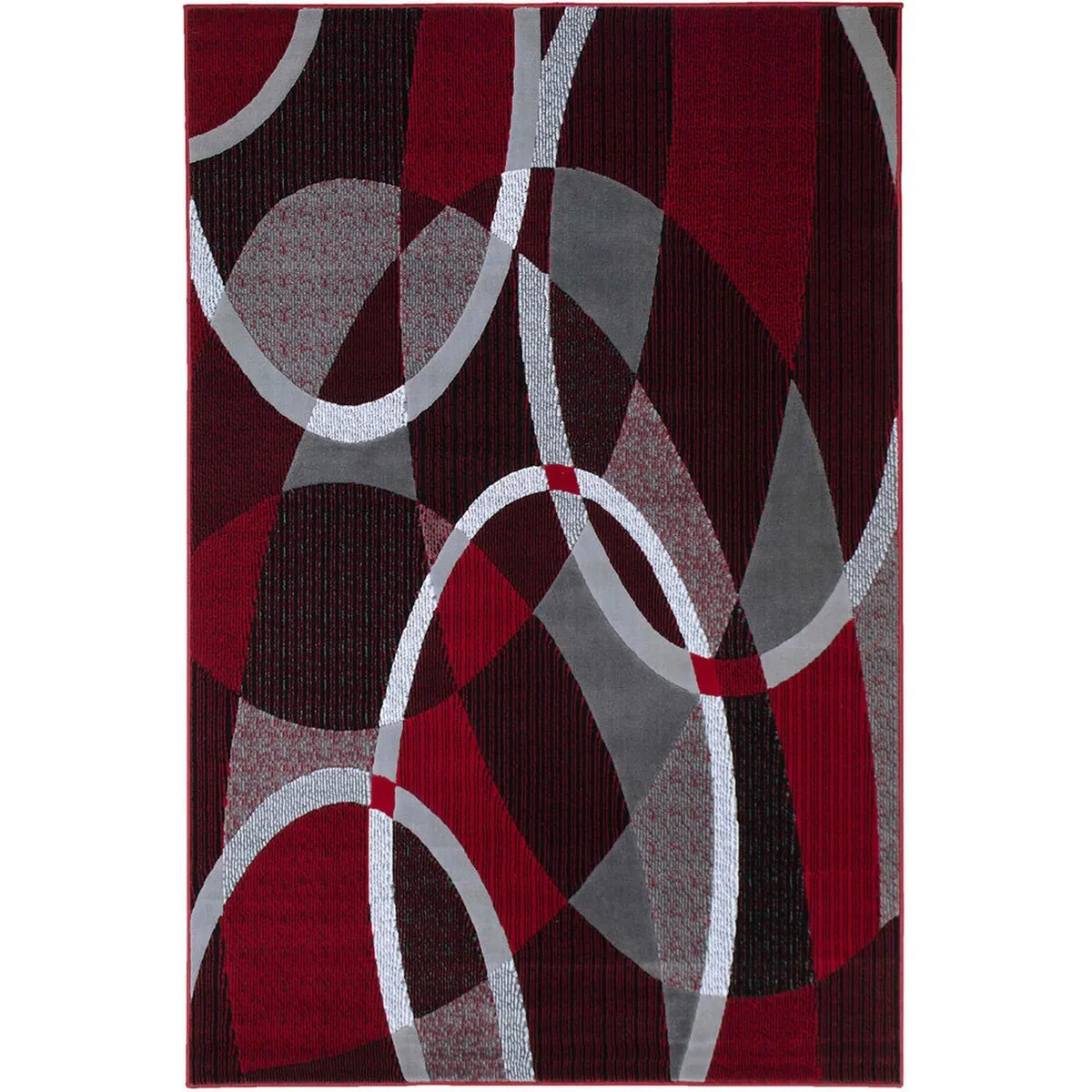 HR Red. Grey. Silver. Black. Abstract Contemporary Modern Design Oval and Circle Pattern Area Rug