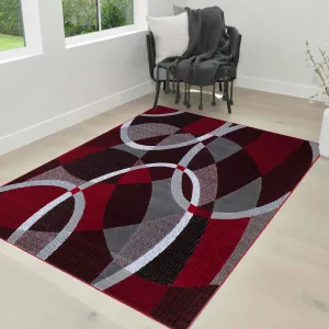 HR Red. Grey. Silver. Black. Abstract Contemporary Modern Design Oval and Circle Pattern Area Rug