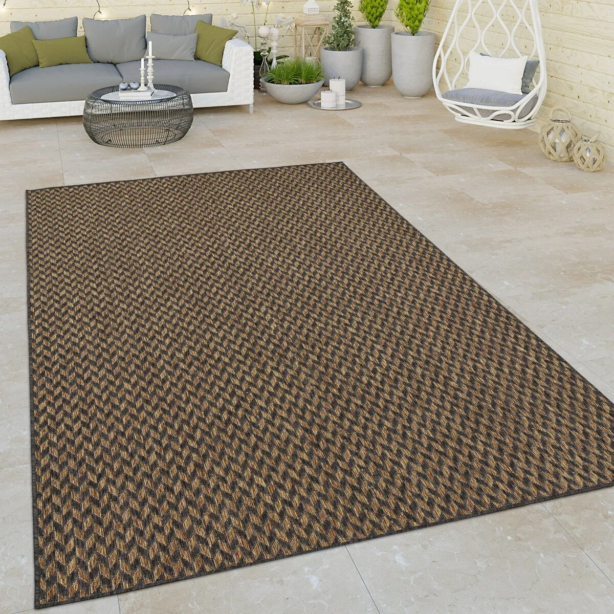 Indoor & Outdoor Rug with Boho Herringbone Pattern in Black and Brown