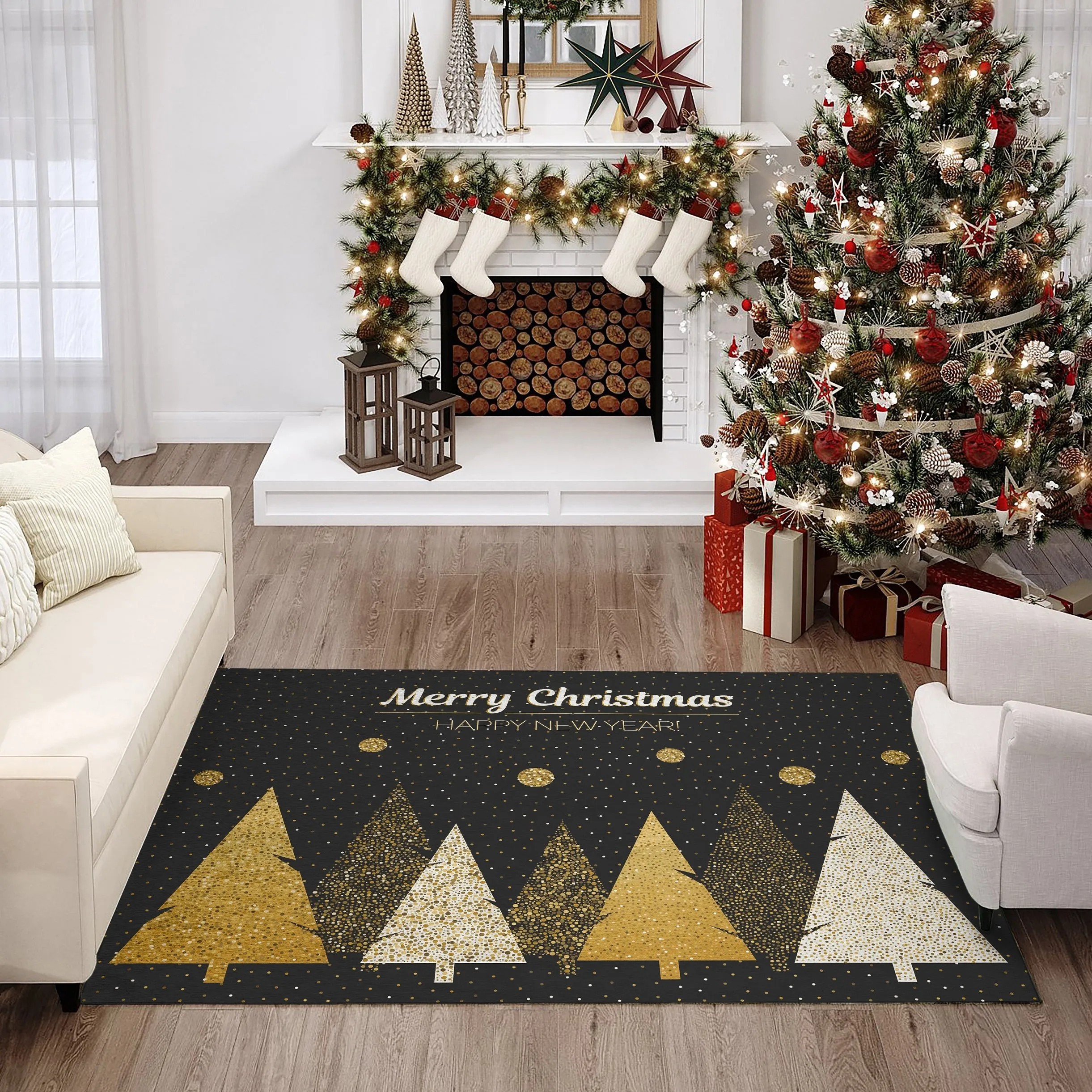Indoor/ Outdoor Cozy Winter Black Washable Christmas New Year Rug
