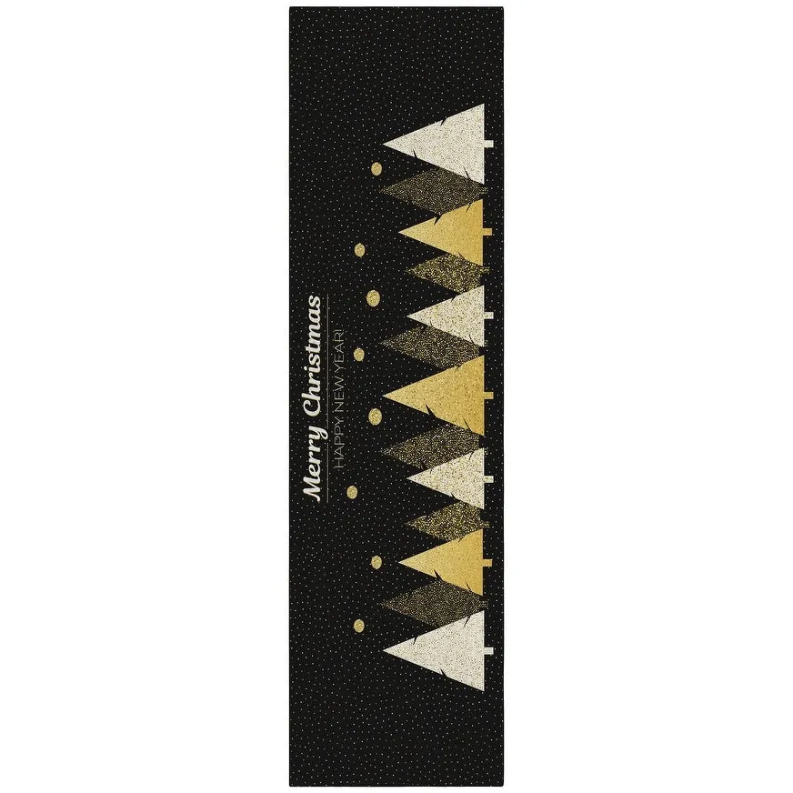 Indoor/ Outdoor Cozy Winter Black Washable Christmas New Year Rug