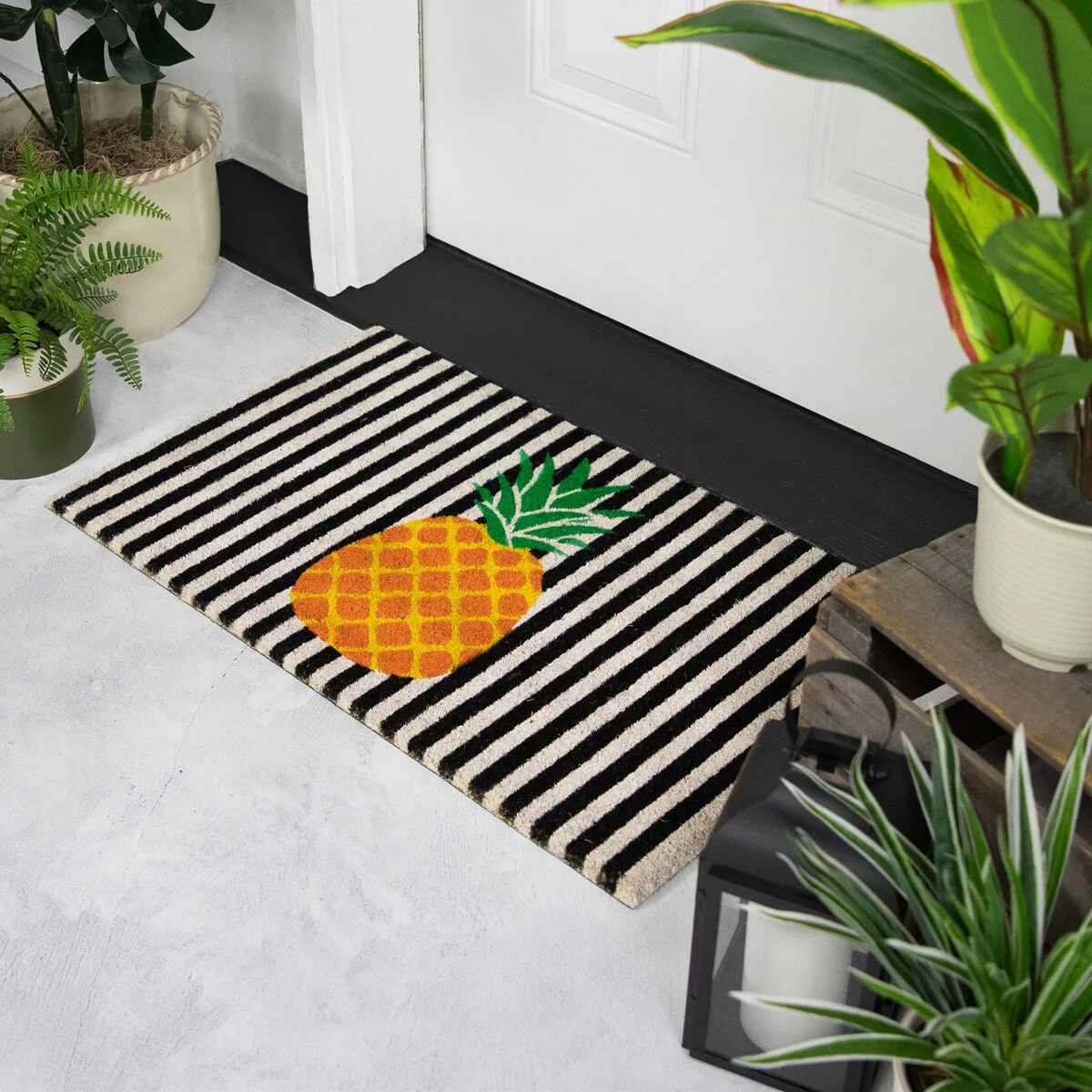Ivory and Orange Pineapple Striped Natural Coir Outdoor Doormat - 18