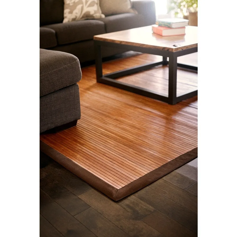 Jani Truffle Light Brown Bamboo Rug with Dark Brown Border - 7' x 10' Feet. Contemporary Chocolate Design