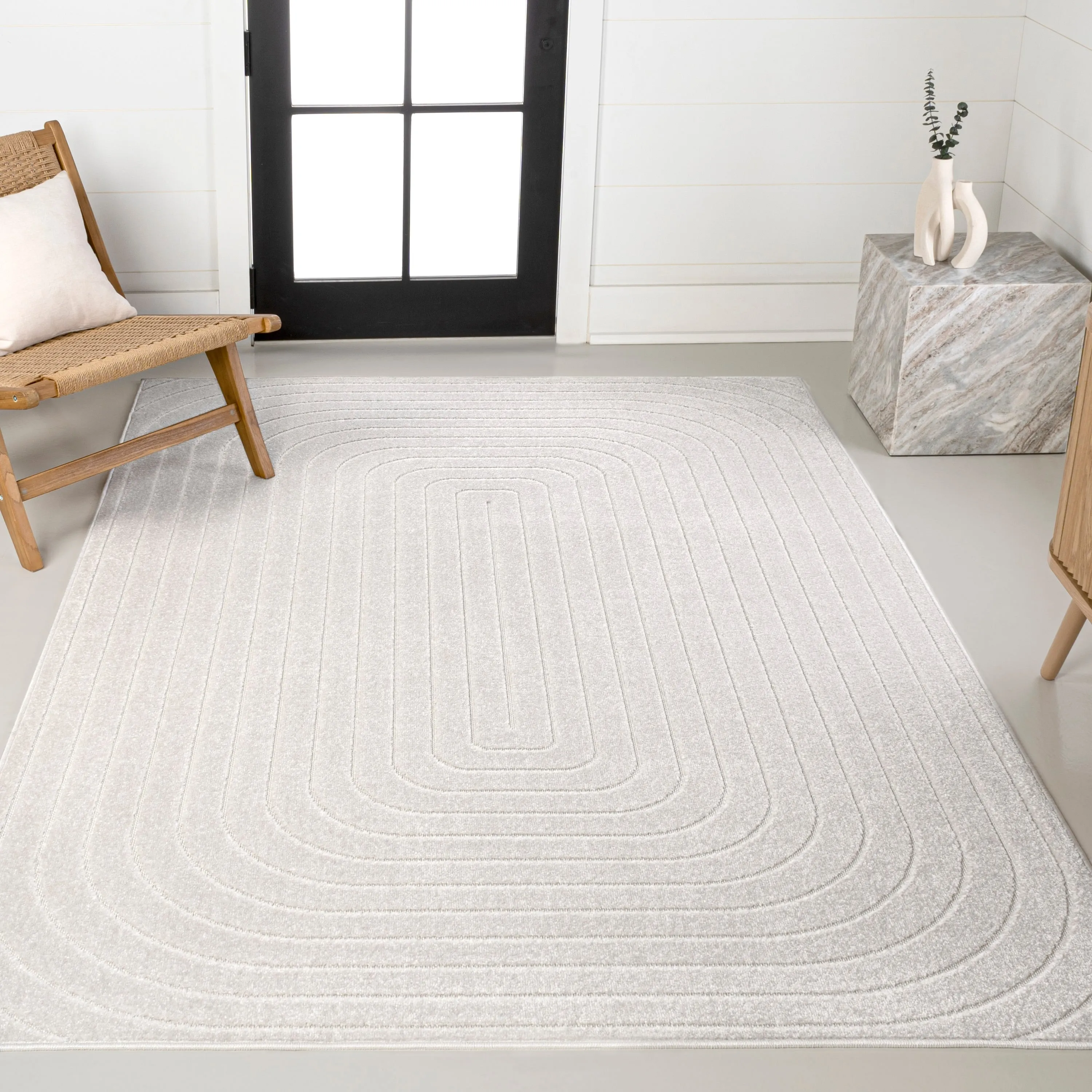 JONATHAN Y Anders High-Low Modern Scandinavian Arch Stripe Monotone Ivory Indoor/Outdoor Rug