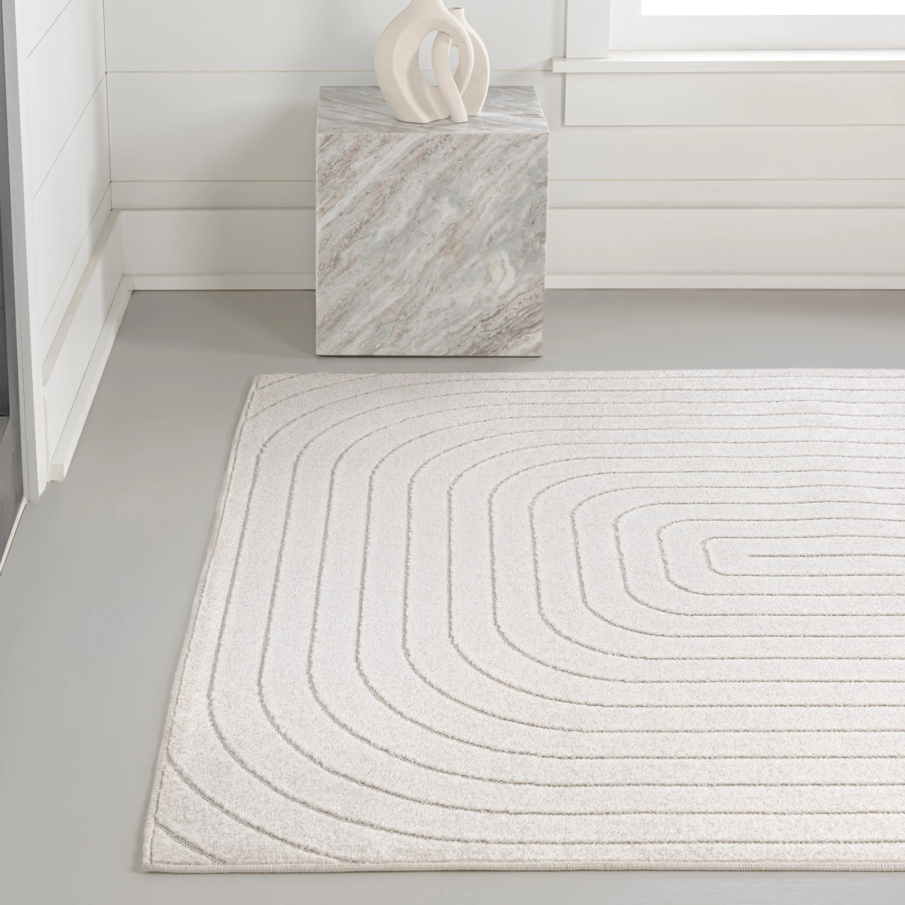 JONATHAN Y Anders High-Low Modern Scandinavian Arch Stripe Monotone Ivory Indoor/Outdoor Rug