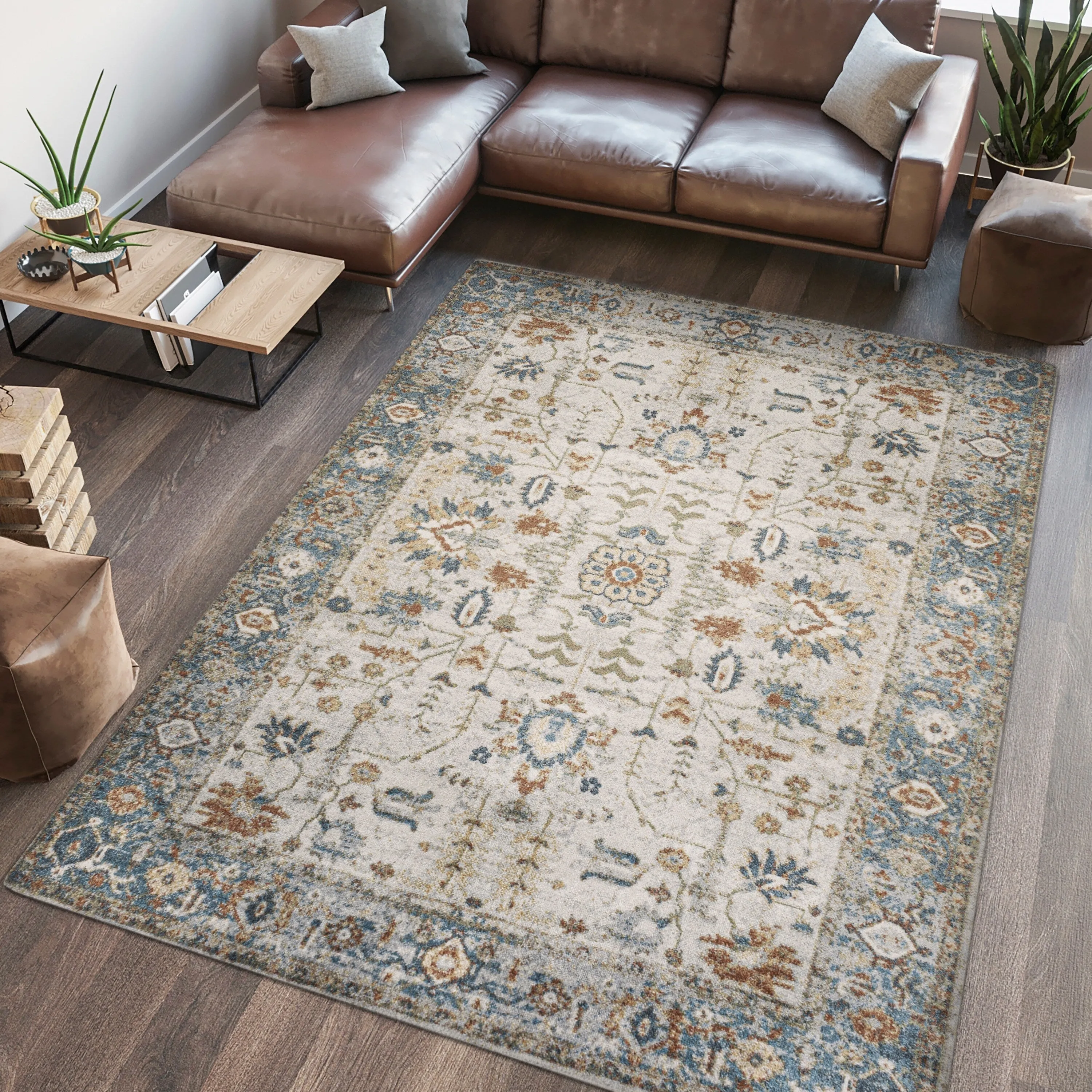 JONATHAN Y Edith Persian Border Low-Pile Machine-Washable Cream/Terra Area Rug
