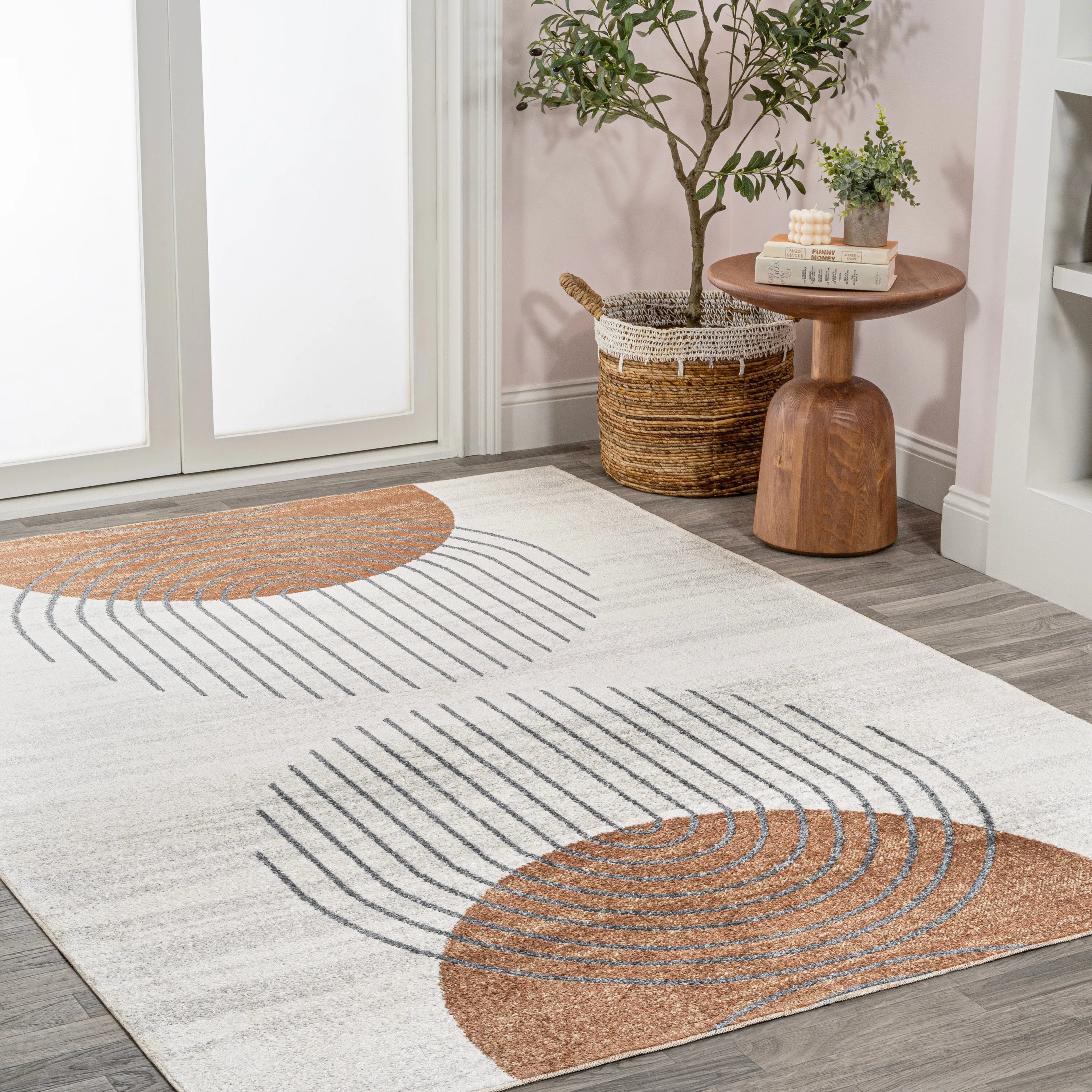 JONATHAN Y Hiero Geometric Modern Low-Pile Machine-Washable Cream/Terra Area Rug