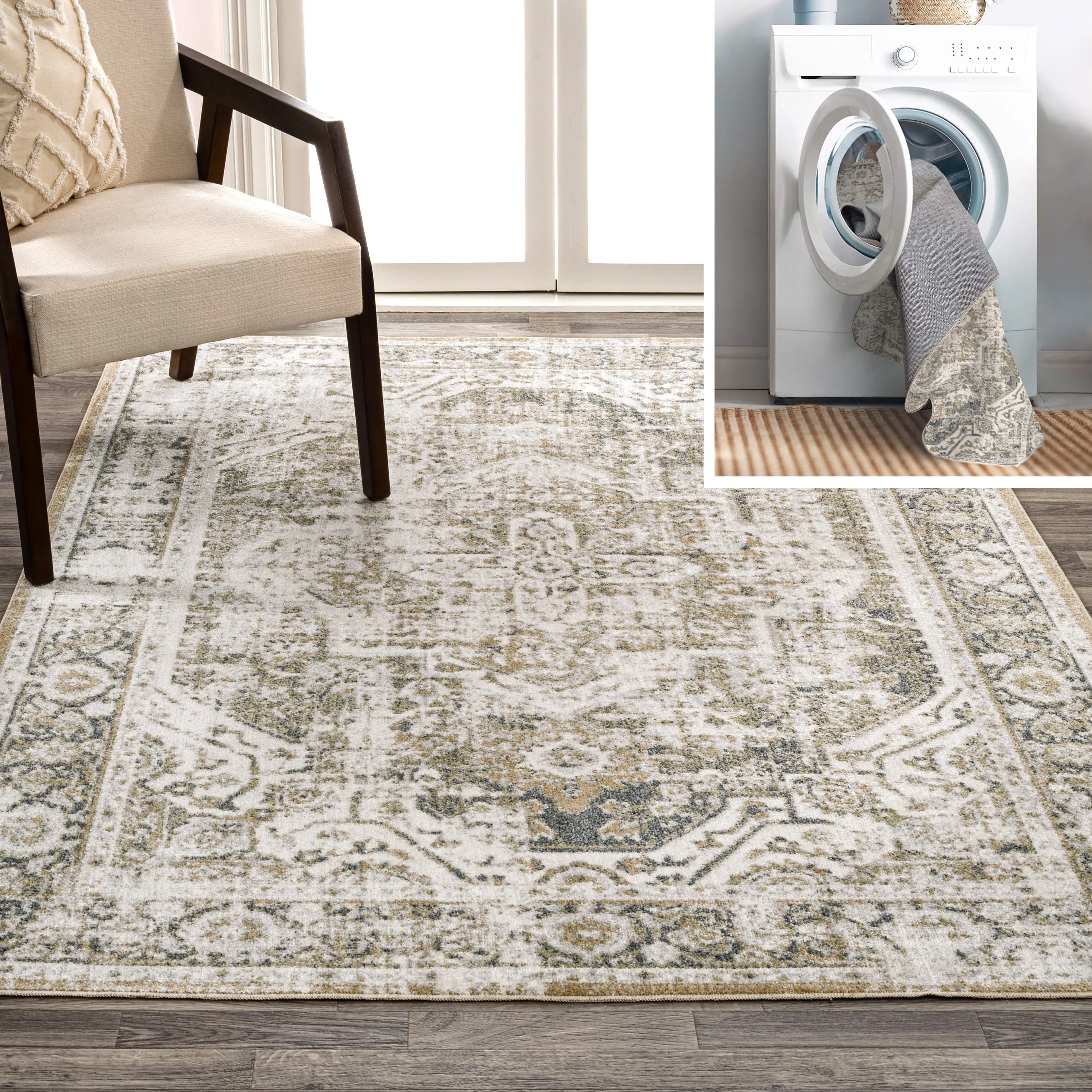 JONATHAN Y Pavel Bold Distressed Medallion Low-Pile Machine-Washable Area Rug