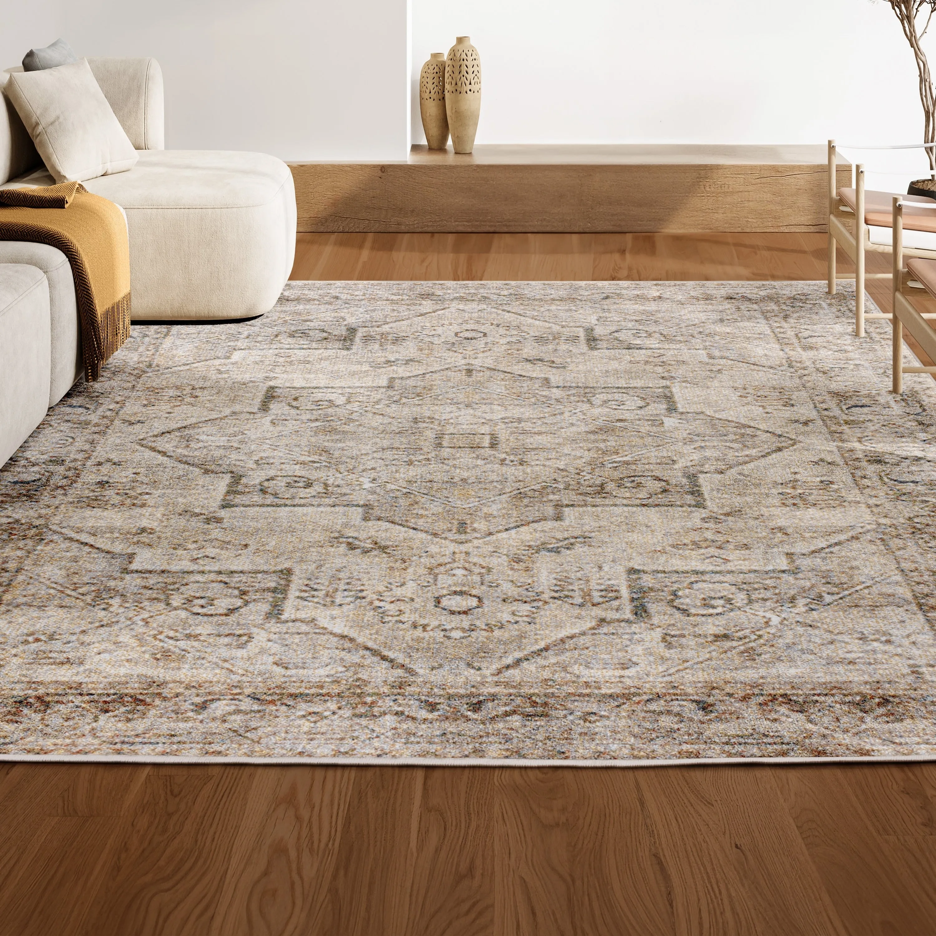 JONATHAN Y Retro Vintage Native American Medallion Machine-Washable Cream/Brown Area Rug