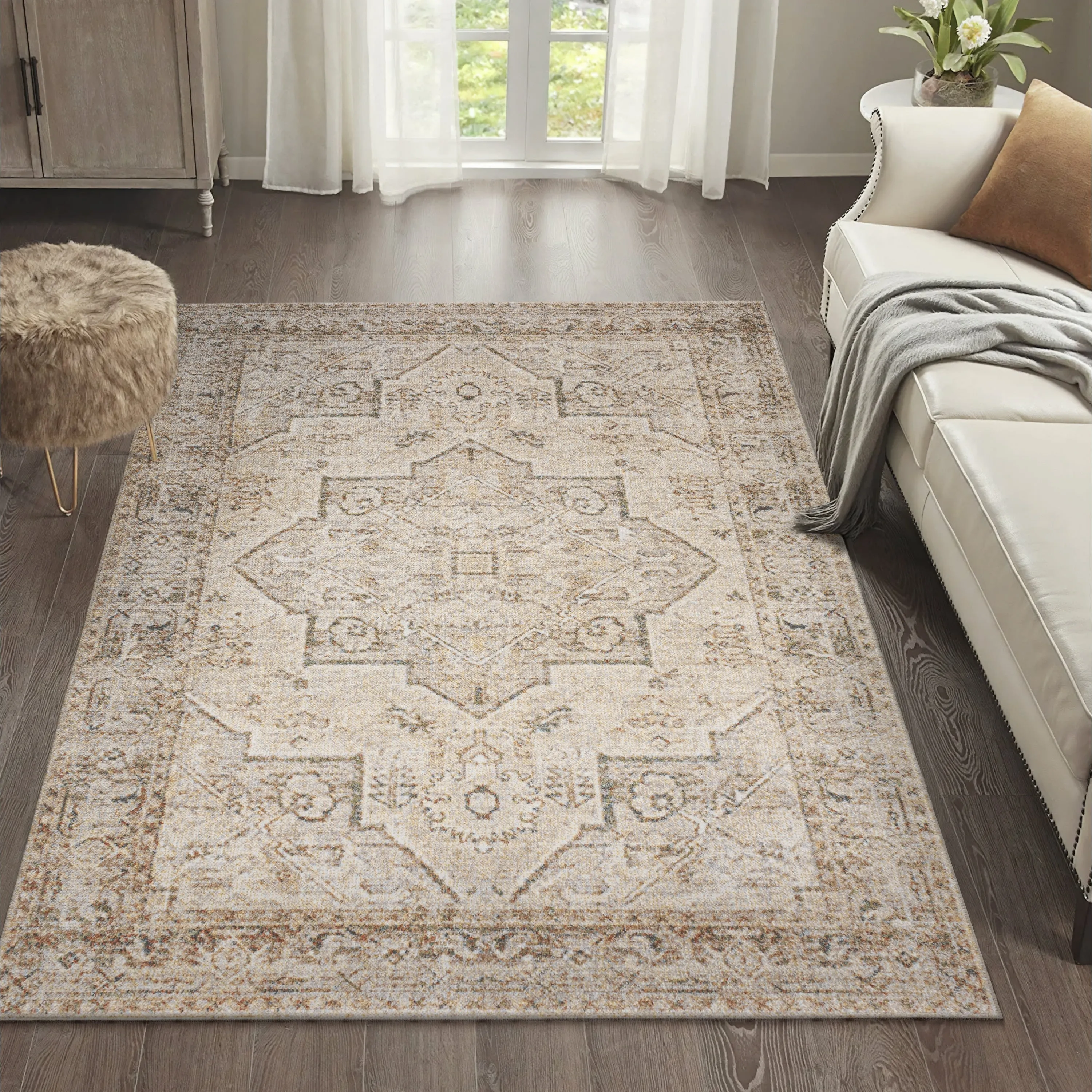 JONATHAN Y Retro Vintage Native American Medallion Machine-Washable Cream/Brown Area Rug