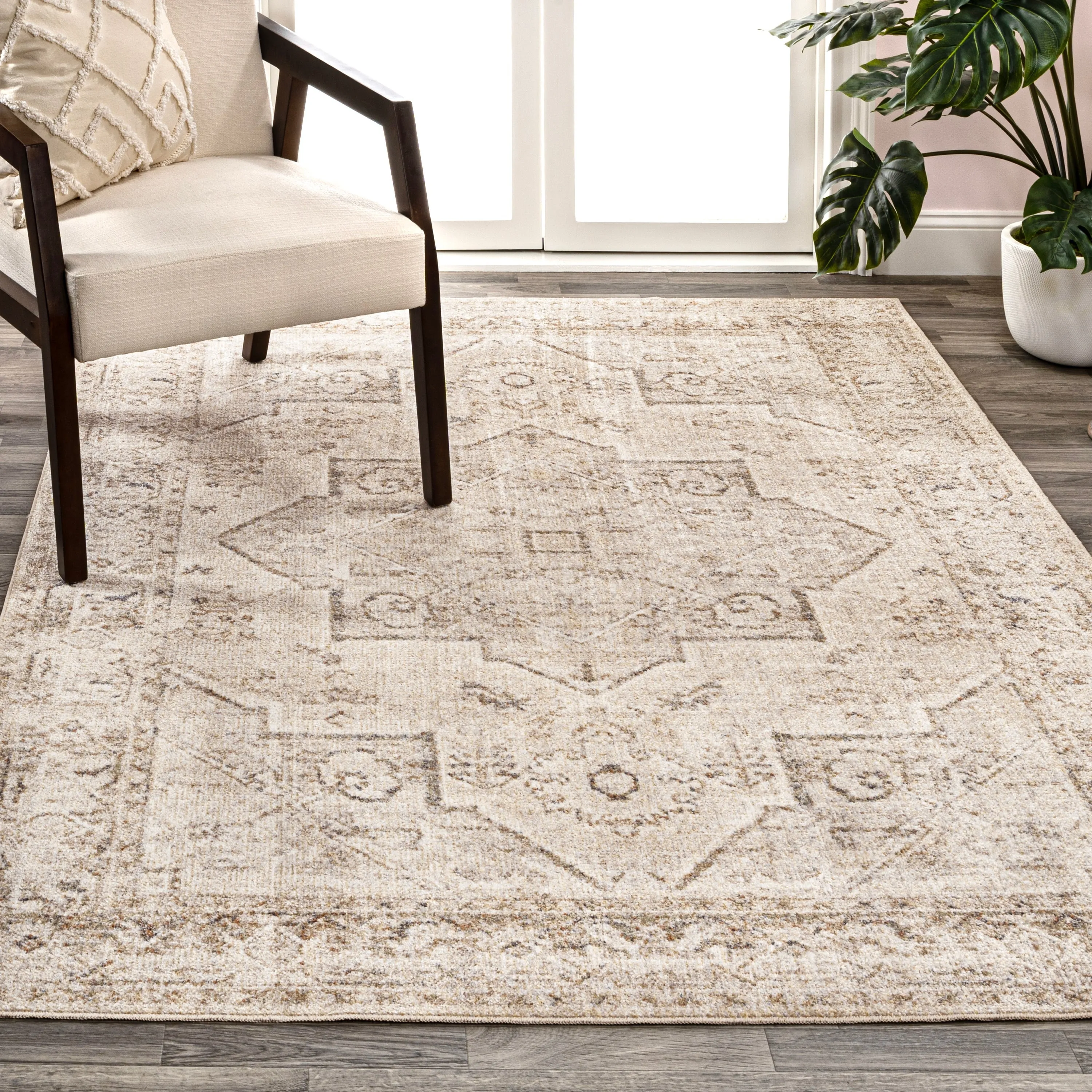 JONATHAN Y Retro Vintage Native American Medallion Machine-Washable Cream/Brown Area Rug