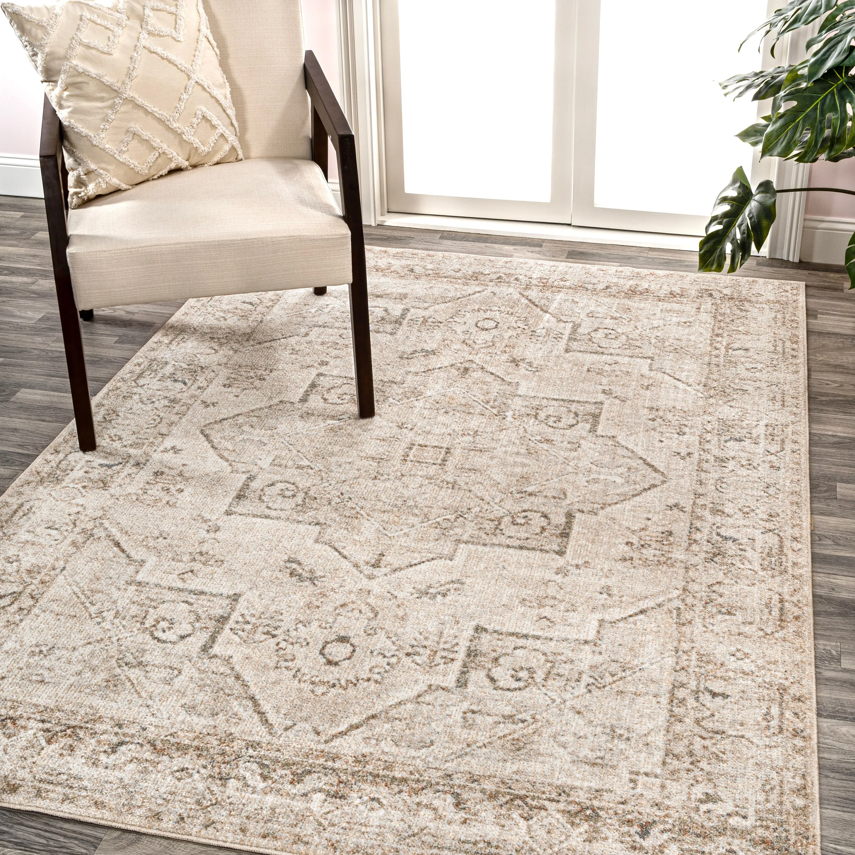 JONATHAN Y Retro Vintage Native American Medallion Machine-Washable Cream/Brown Area Rug