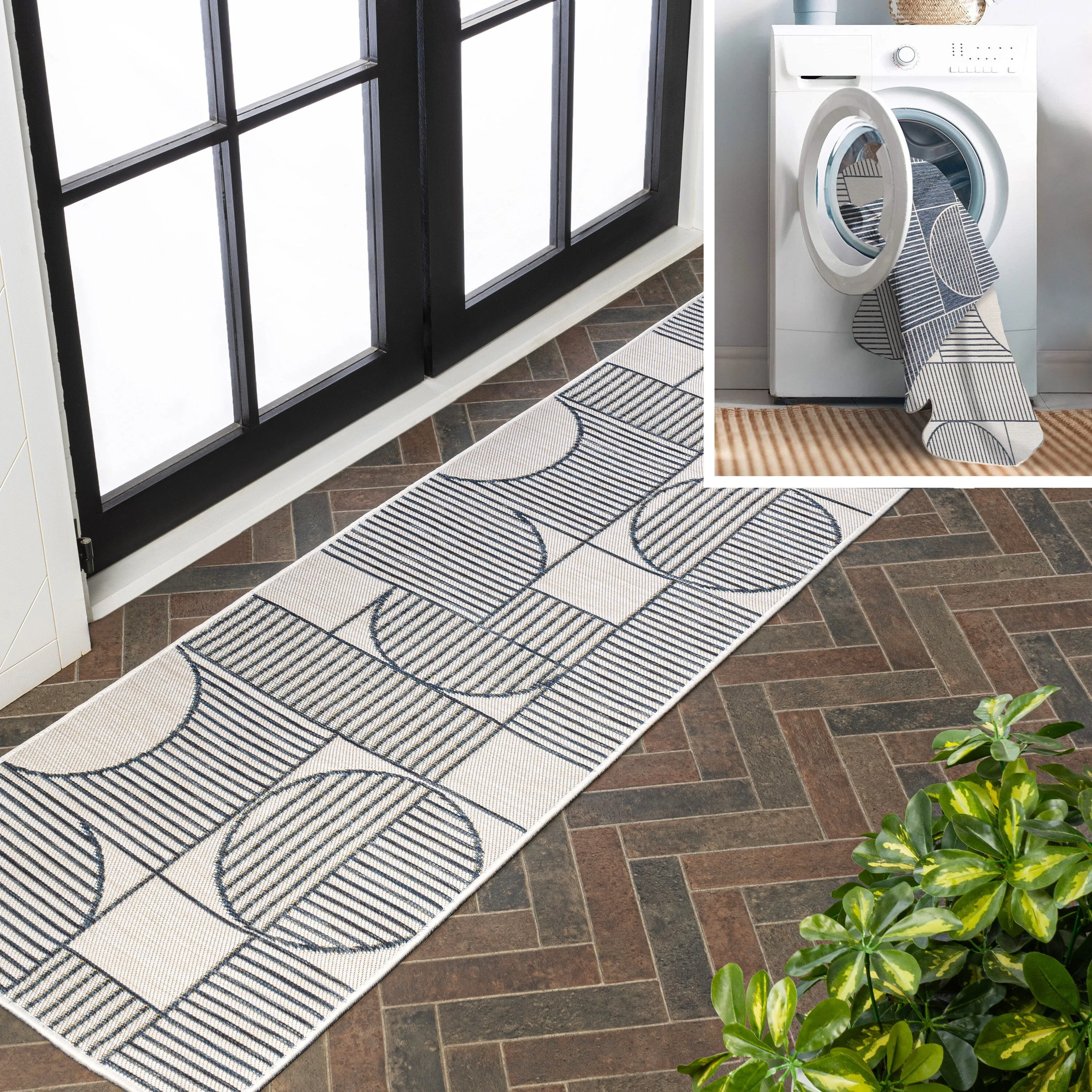 JONATHAN Y Reversible Biot Mid-Century Modern Geometric Lines Machine-Washable Navy/Cream Indoor/Outdoor Area Rug