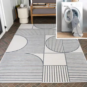 JONATHAN Y Reversible Biot Mid-Century Modern Geometric Lines Machine-Washable Navy/Cream Indoor/Outdoor Area Rug