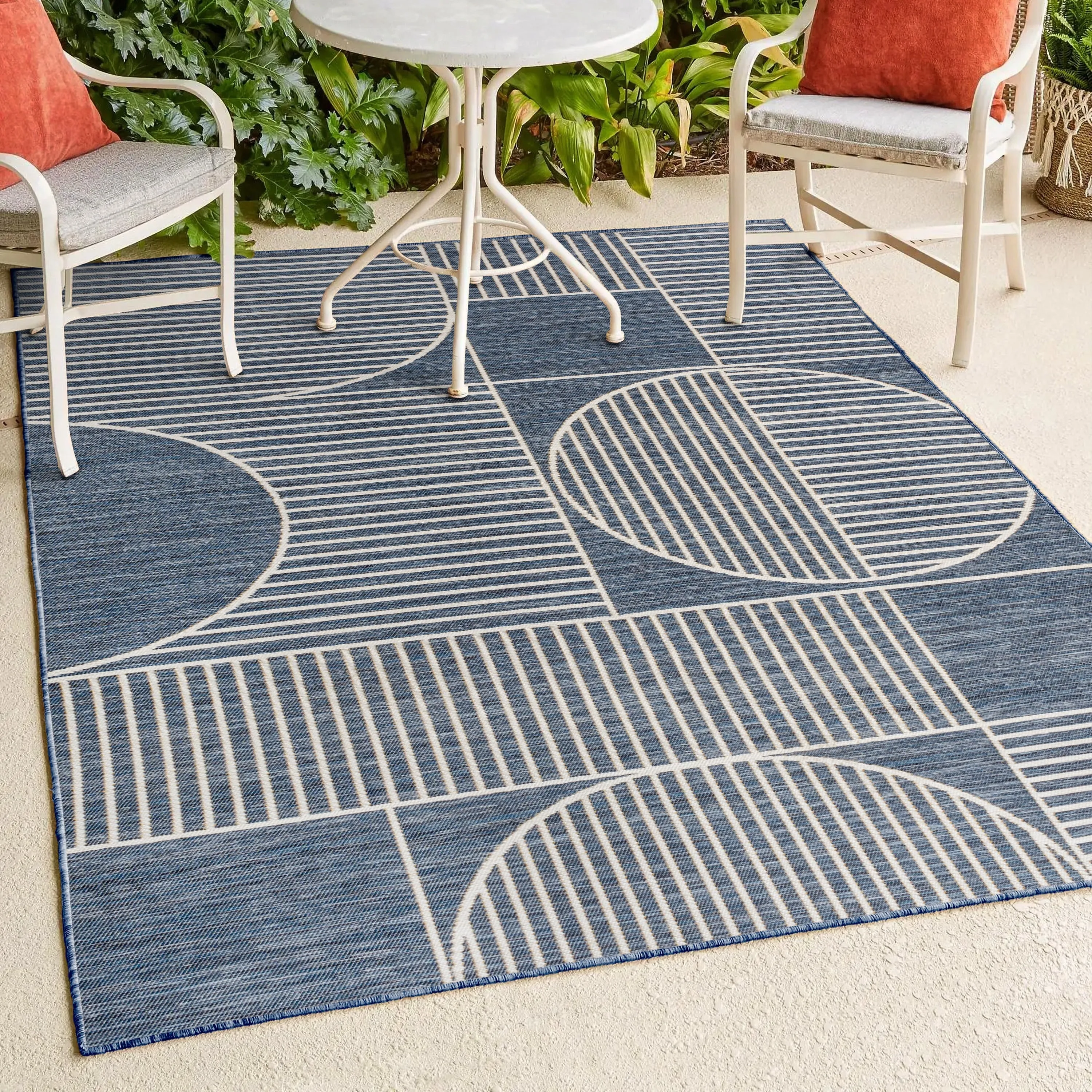 JONATHAN Y Reversible Biot Mid-Century Modern Geometric Lines Machine-Washable Navy/Cream Indoor/Outdoor Area Rug