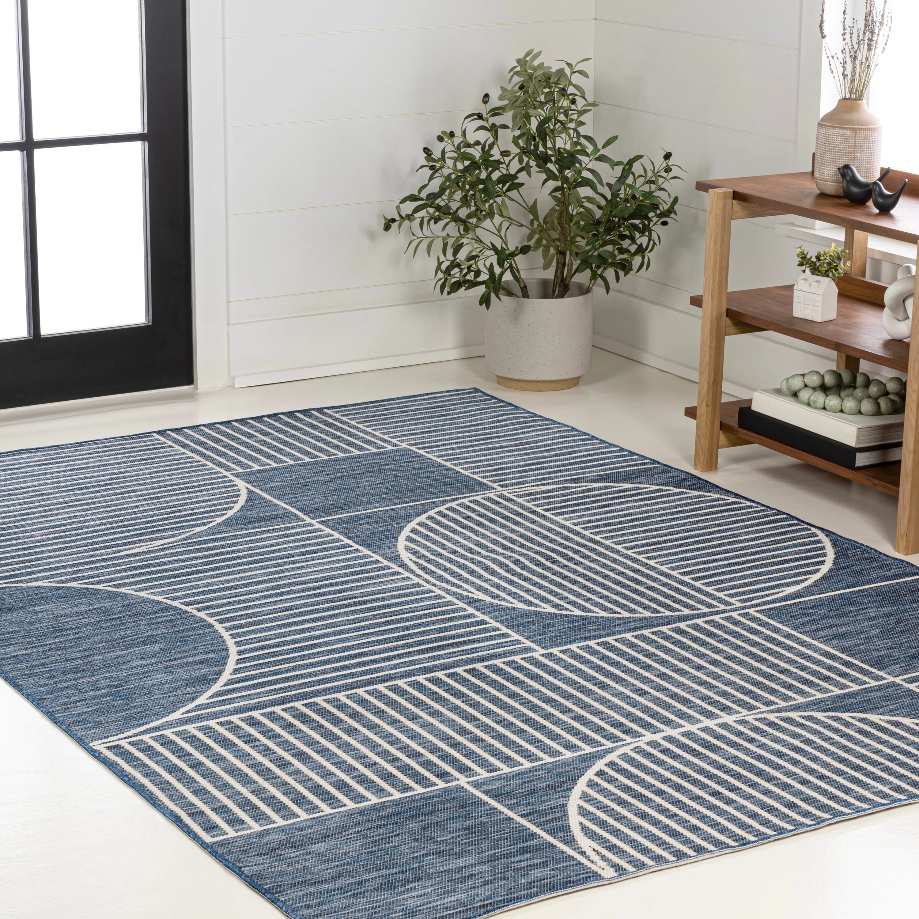 JONATHAN Y Reversible Biot Mid-Century Modern Geometric Lines Machine-Washable Navy/Cream Indoor/Outdoor Area Rug