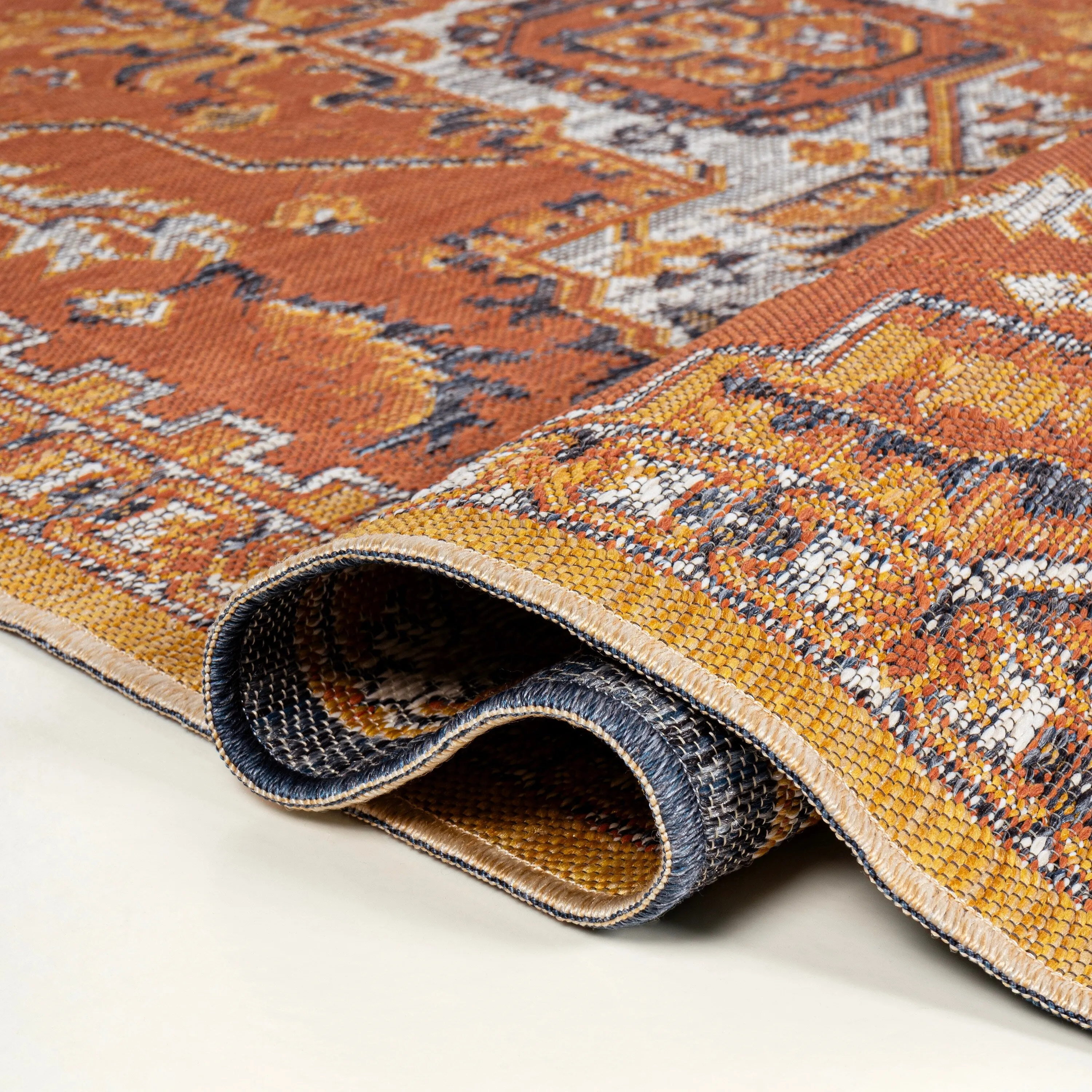 JONATHAN Y Reversible Danae Traditional Vintage Medallion Machine-Washable Terra/Blue/Cream Indoor/Outdoor Rug