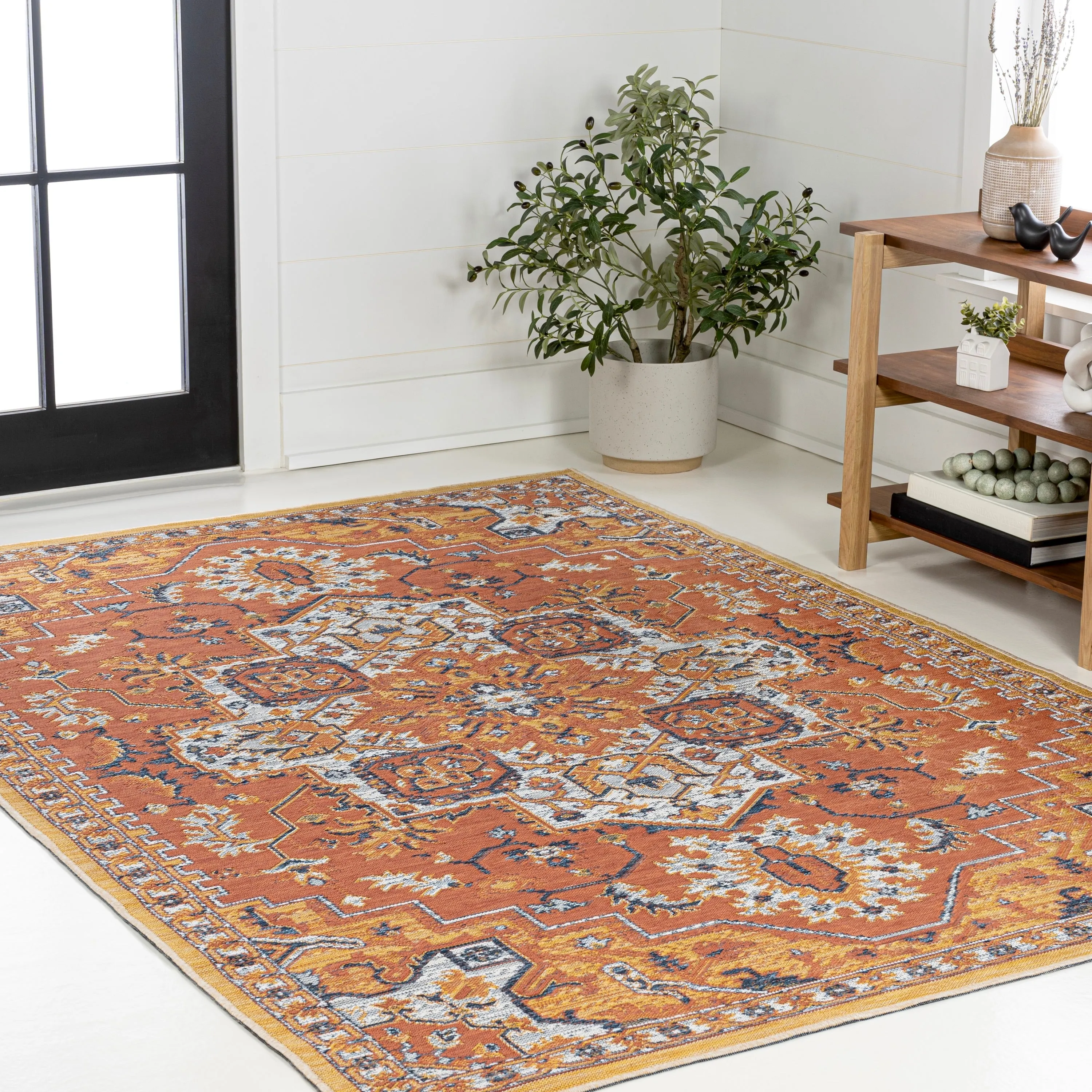 JONATHAN Y Reversible Danae Traditional Vintage Medallion Machine-Washable Terra/Blue/Cream Indoor/Outdoor Rug