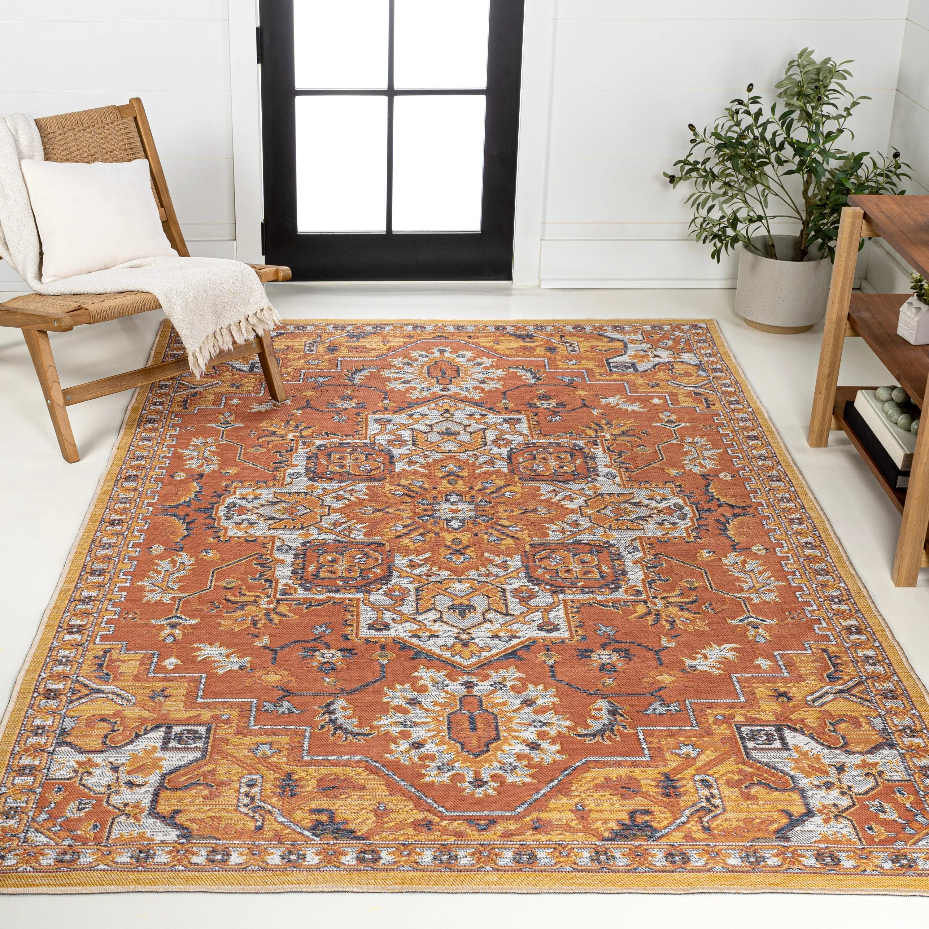 JONATHAN Y Reversible Danae Traditional Vintage Medallion Machine-Washable Terra/Blue/Cream Indoor/Outdoor Rug