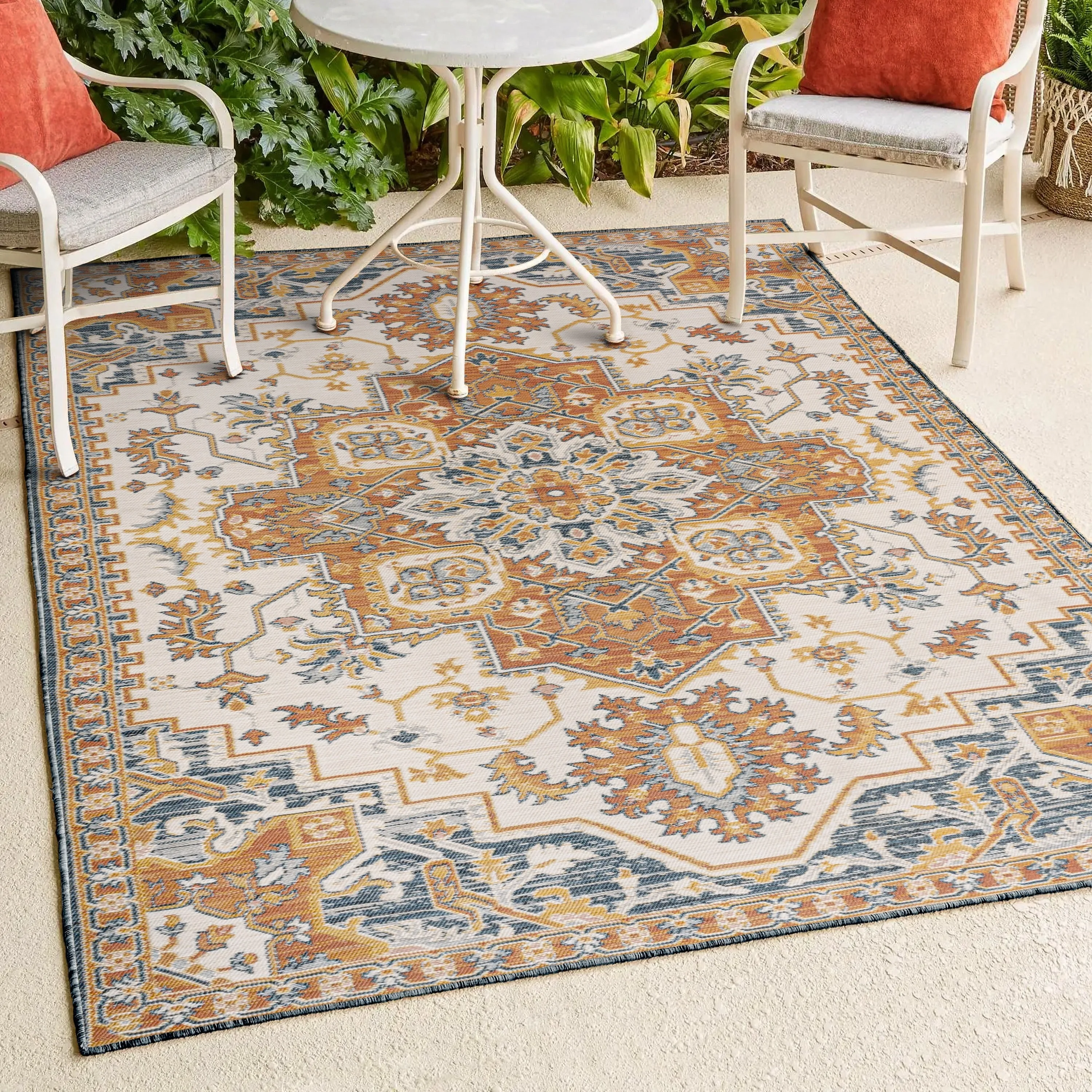 JONATHAN Y Reversible Danae Traditional Vintage Medallion Machine-Washable Terra/Blue/Cream Indoor/Outdoor Rug