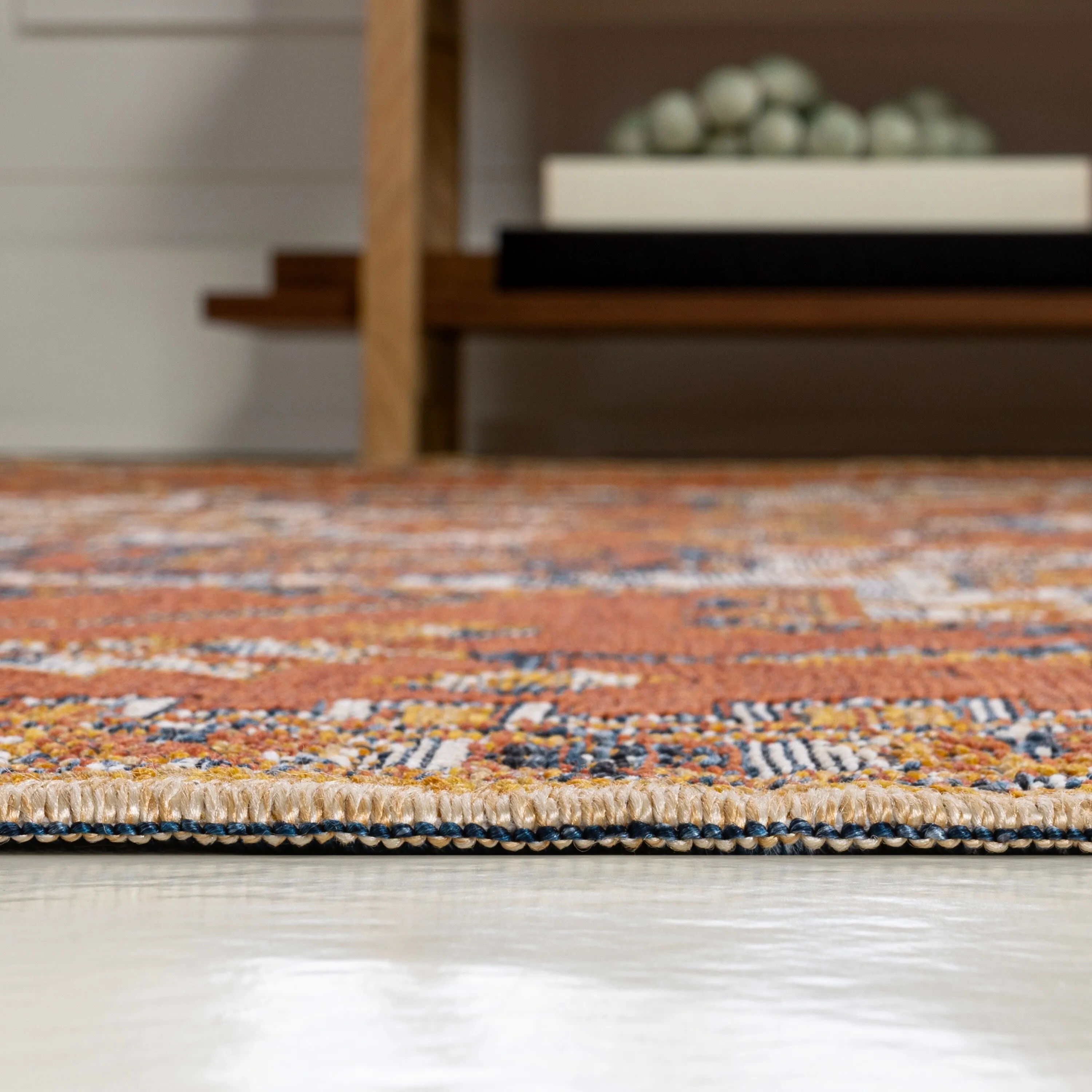 JONATHAN Y Reversible Danae Traditional Vintage Medallion Machine-Washable Terra/Blue/Cream Indoor/Outdoor Rug