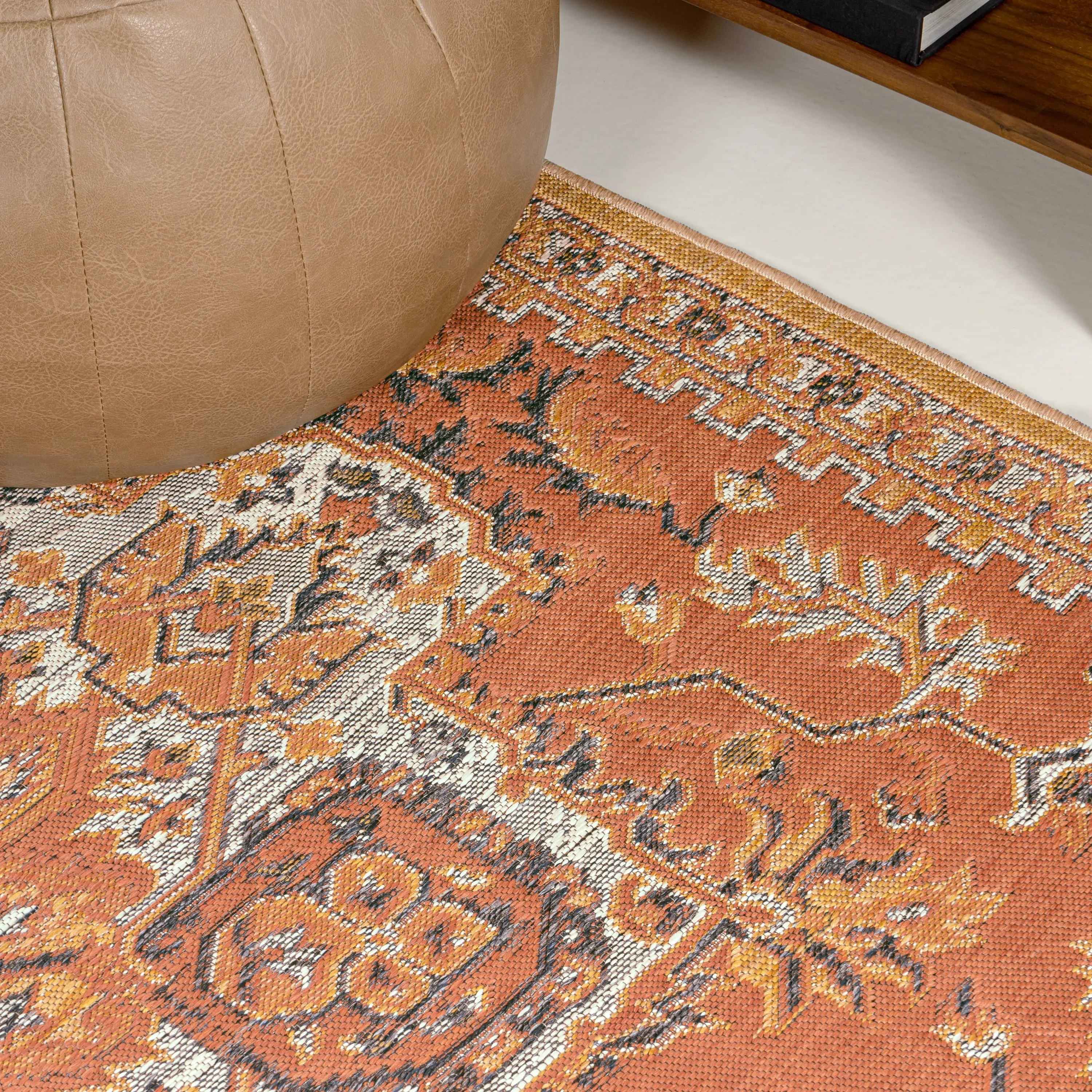 JONATHAN Y Reversible Danae Traditional Vintage Medallion Machine-Washable Terra/Blue/Cream Indoor/Outdoor Rug