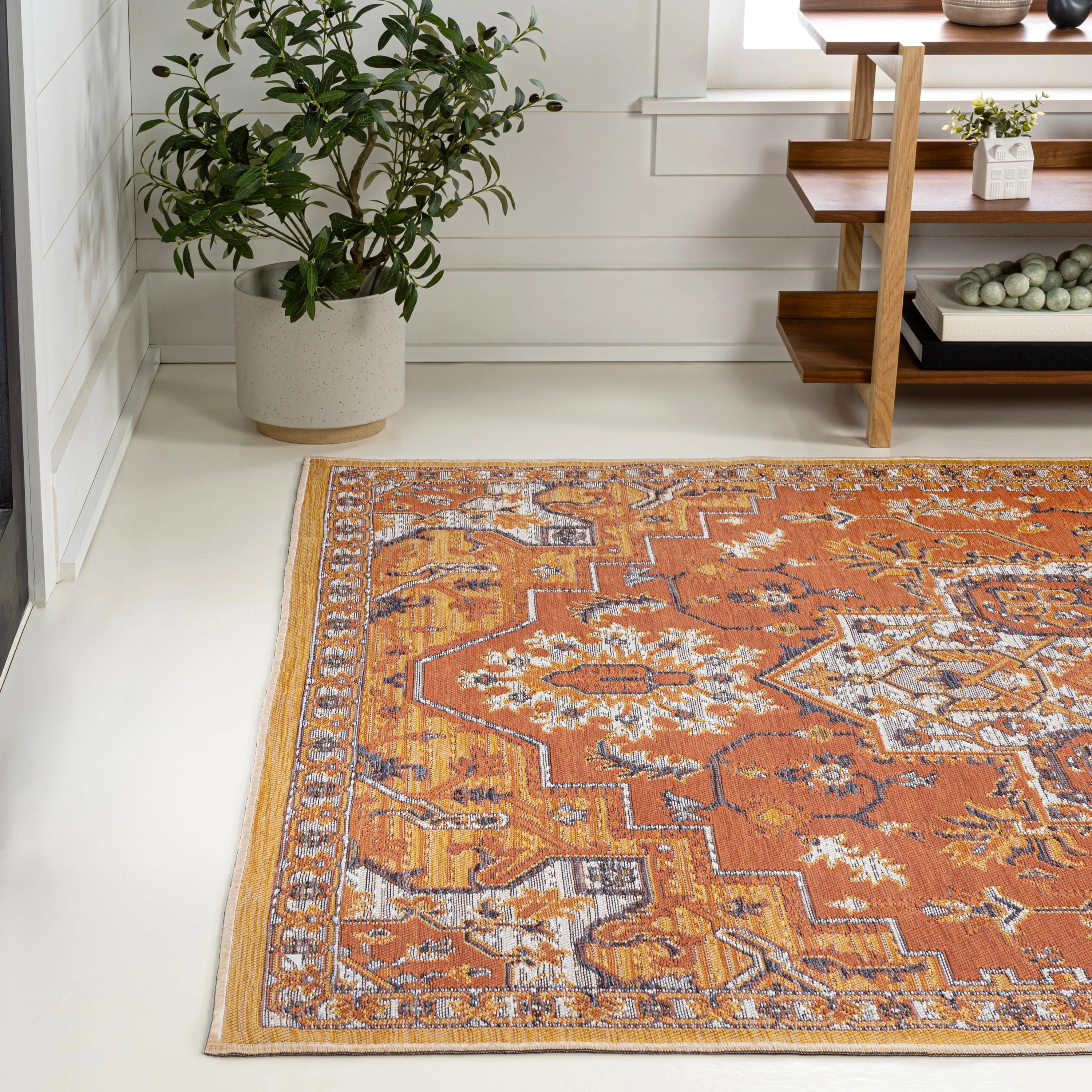 JONATHAN Y Reversible Danae Traditional Vintage Medallion Machine-Washable Terra/Blue/Cream Indoor/Outdoor Rug