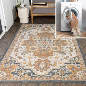 JONATHAN Y Reversible Danae Traditional Vintage Medallion Machine-Washable Terra/Blue/Cream Indoor/Outdoor Rug