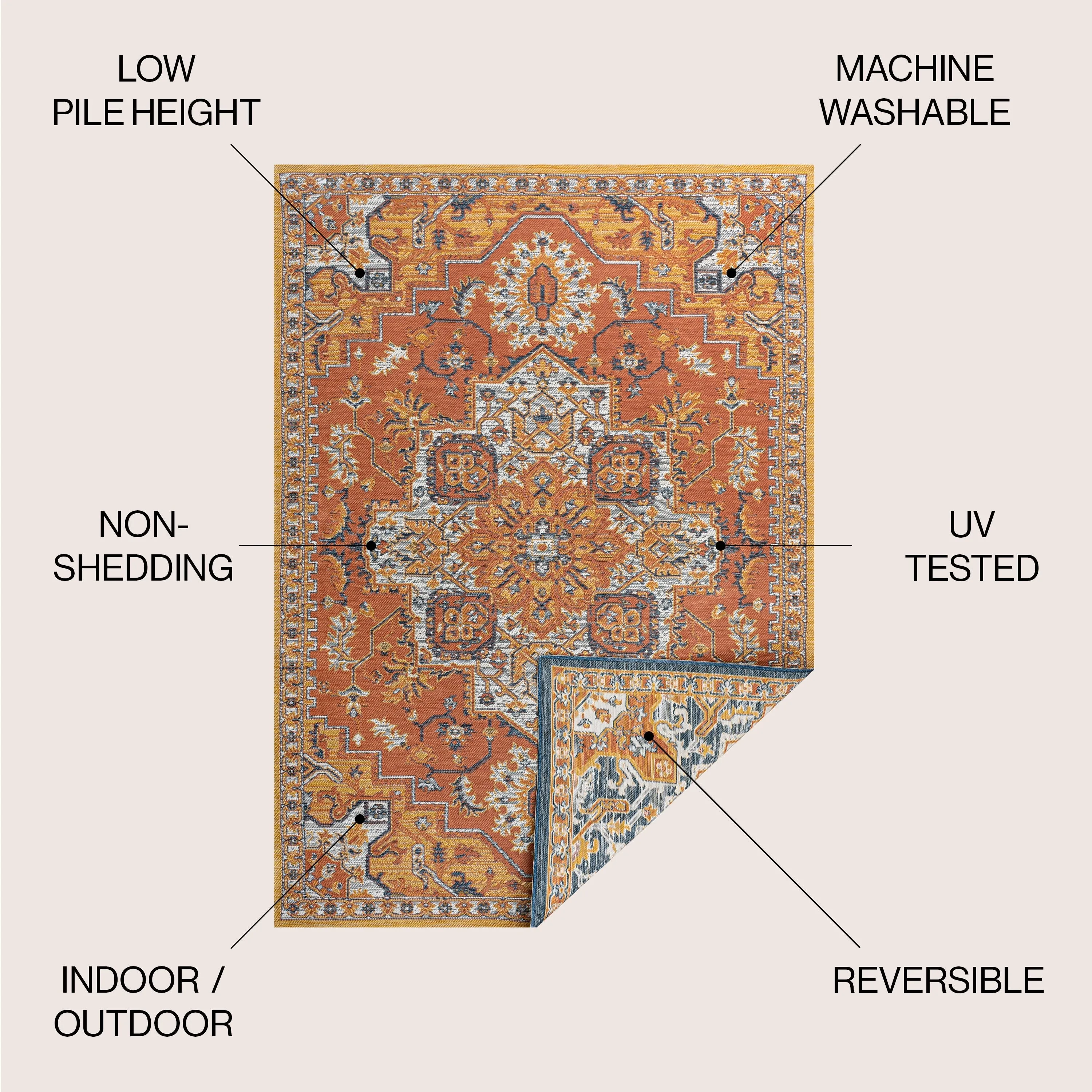 JONATHAN Y Reversible Danae Traditional Vintage Medallion Machine-Washable Terra/Blue/Cream Indoor/Outdoor Rug