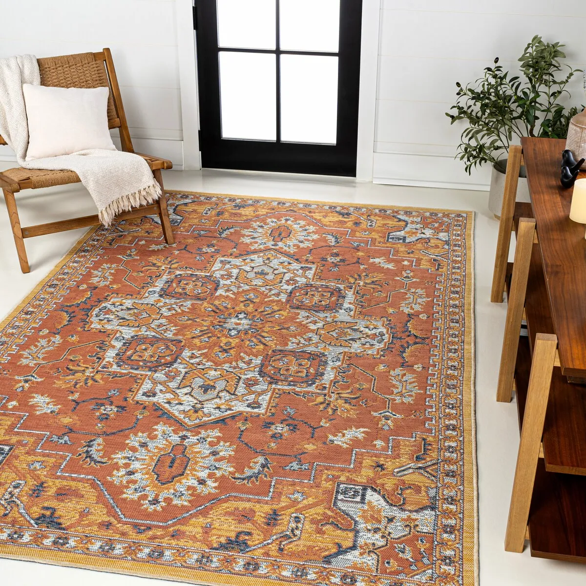 JONATHAN Y Reversible Danae Traditional Vintage Medallion Machine-Washable Terra/Blue/Cream Indoor/Outdoor Rug
