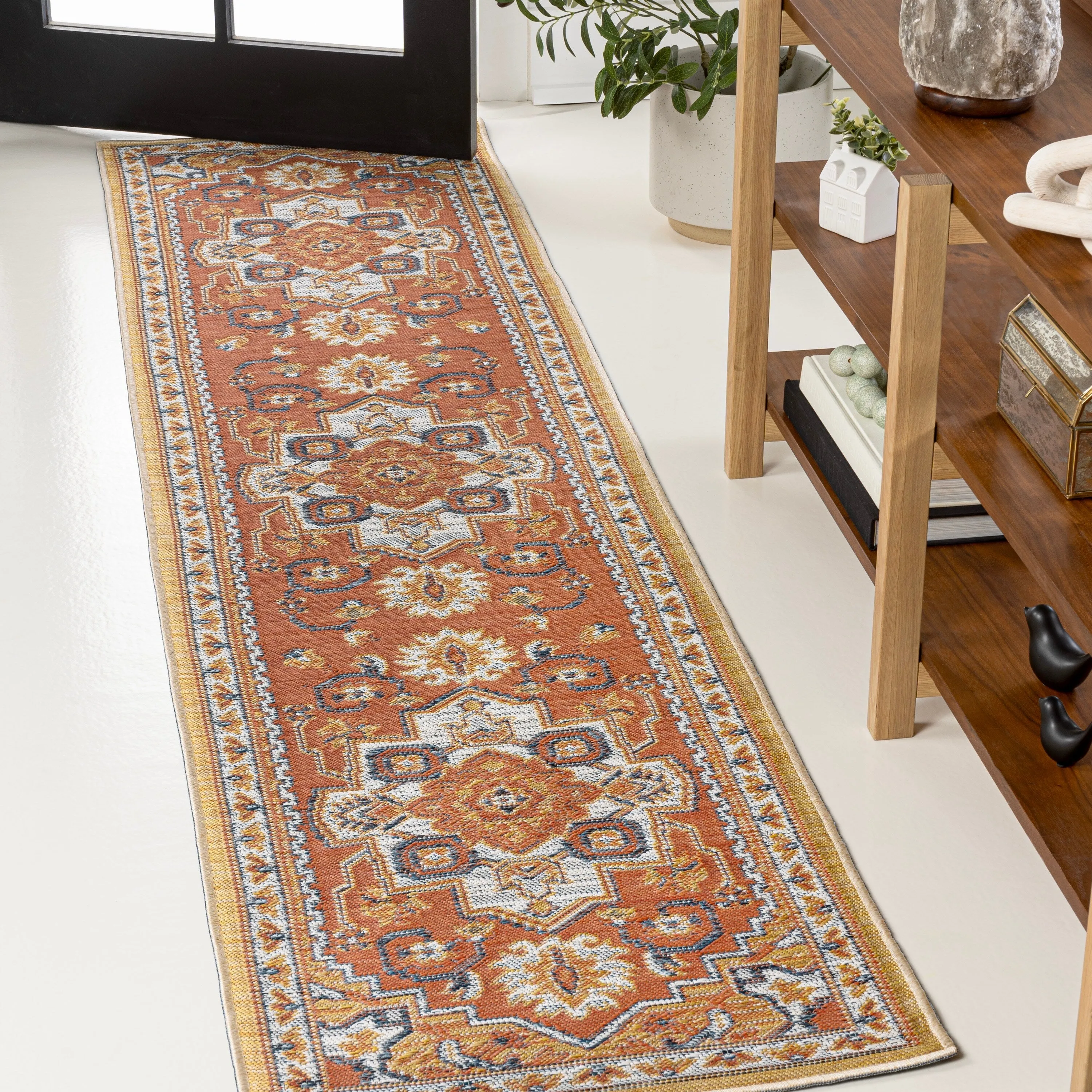 JONATHAN Y Reversible Danae Traditional Vintage Medallion Machine-Washable Terra/Blue/Cream Indoor/Outdoor Rug