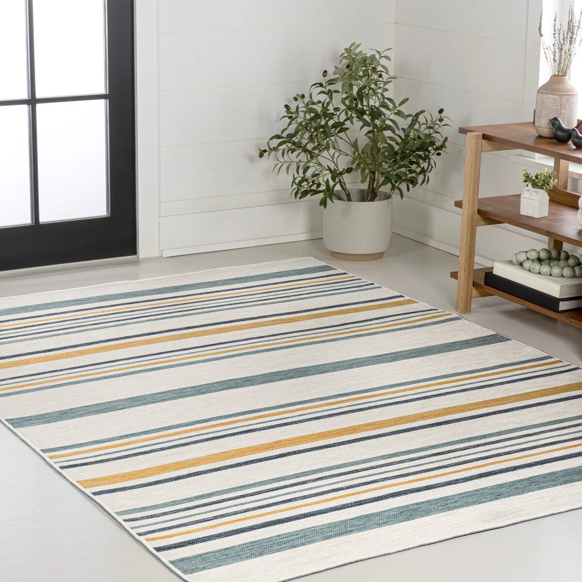JONATHAN Y Reversible Zephyr Classic Coastal Ticking Stripe Machine-Washable Cream/Navy Indoor/Outdoor Rug