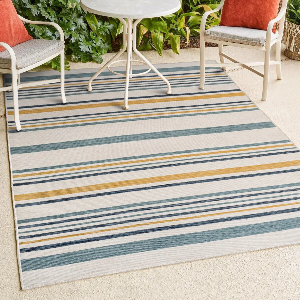 JONATHAN Y Reversible Zephyr Classic Coastal Ticking Stripe Machine-Washable Cream/Navy Indoor/Outdoor Rug