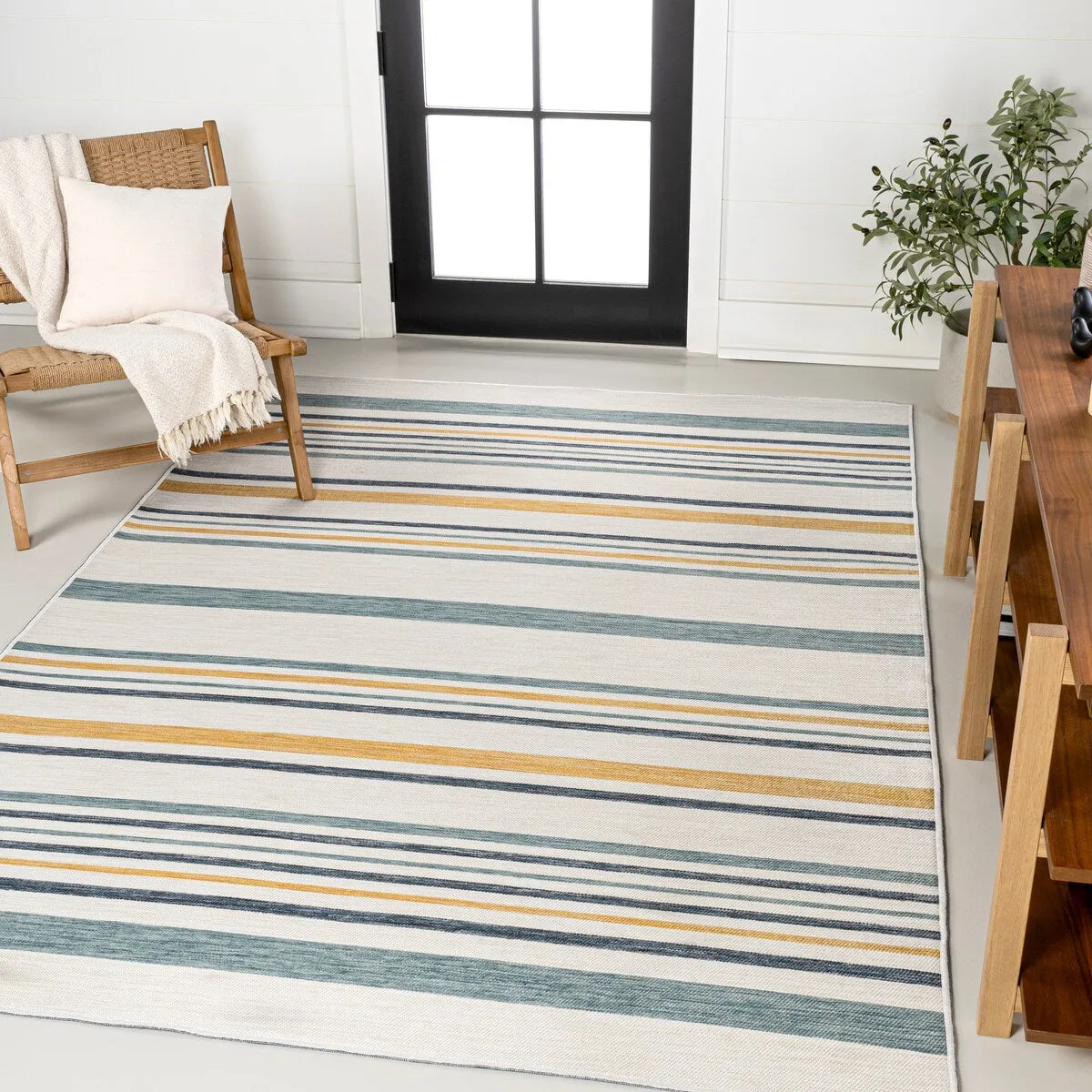 JONATHAN Y Reversible Zephyr Classic Coastal Ticking Stripe Machine-Washable Cream/Navy Indoor/Outdoor Rug