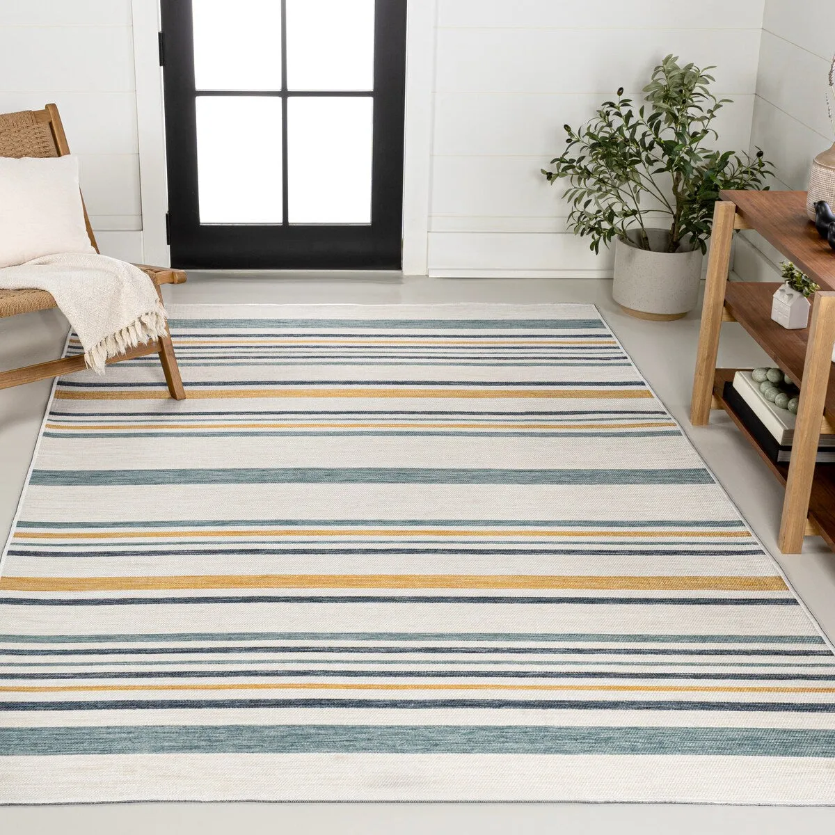 JONATHAN Y Reversible Zephyr Classic Coastal Ticking Stripe Machine-Washable Cream/Navy Indoor/Outdoor Rug