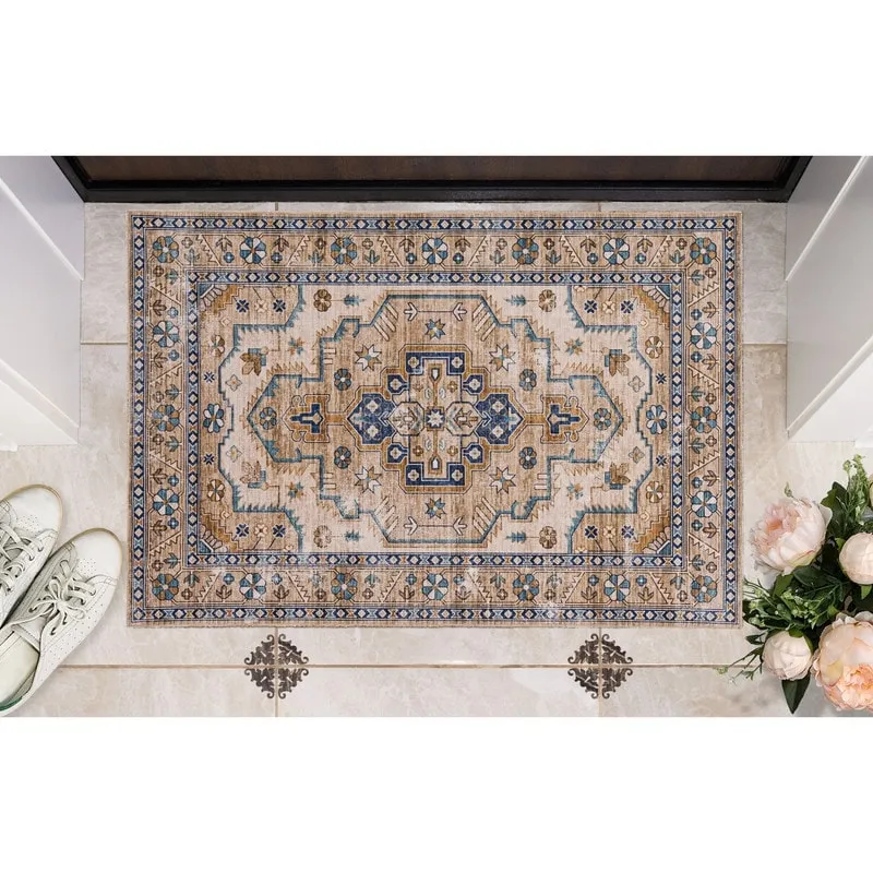 Julian Machine Washable Ivory and Gold Antique Rug