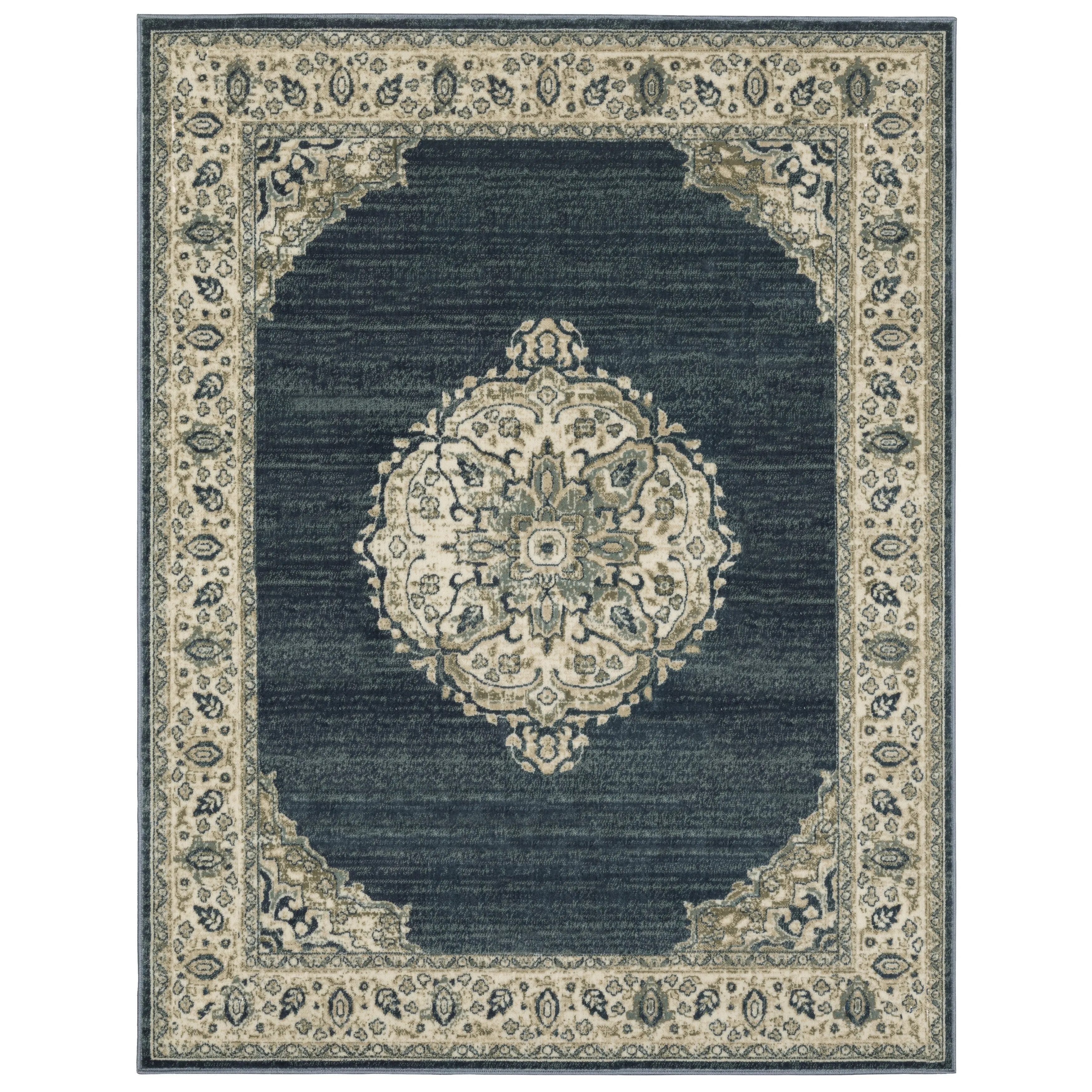 Kaleb Traditional Center Medallion Deep Teal/Ivory Area Rug