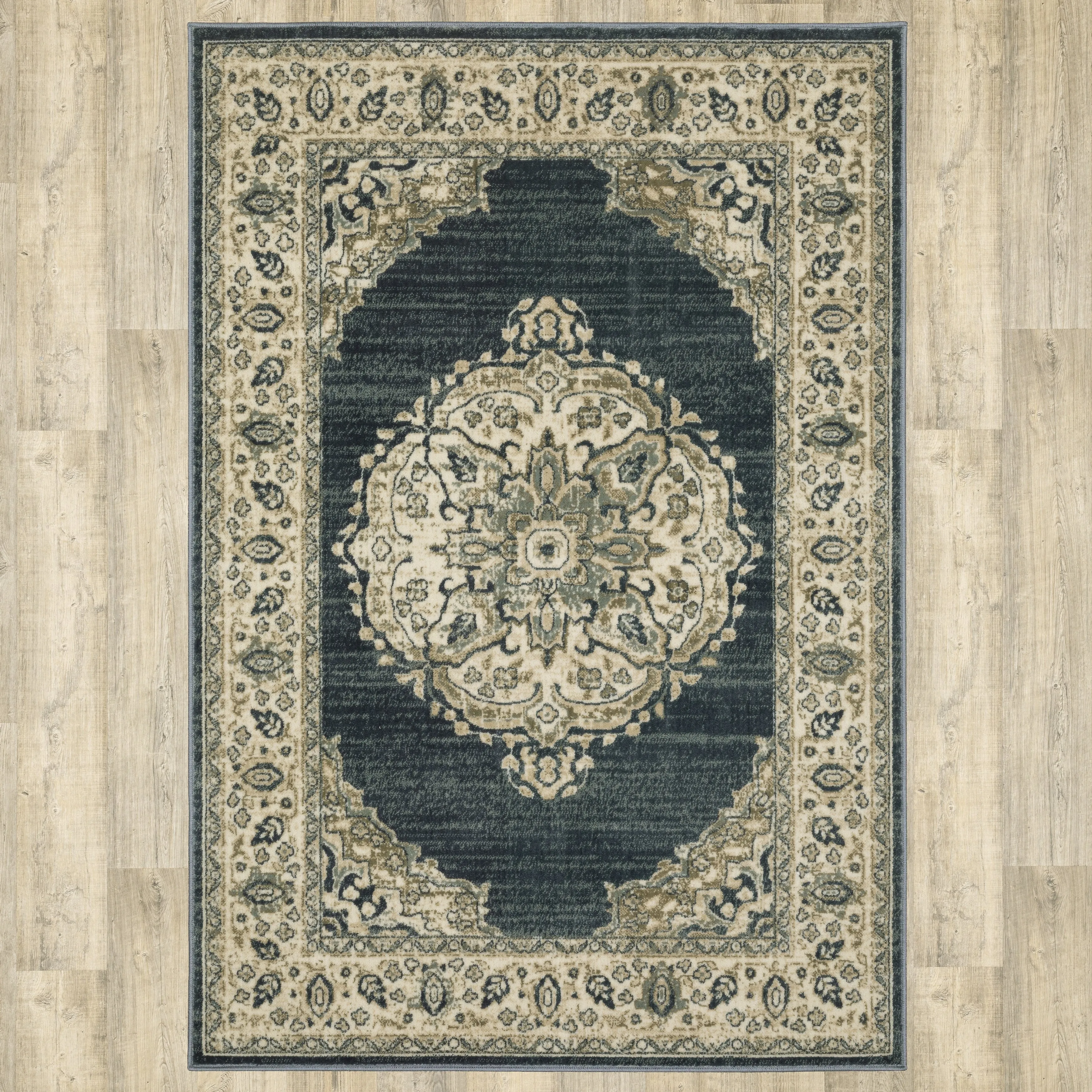 Kaleb Traditional Center Medallion Deep Teal/Ivory Area Rug