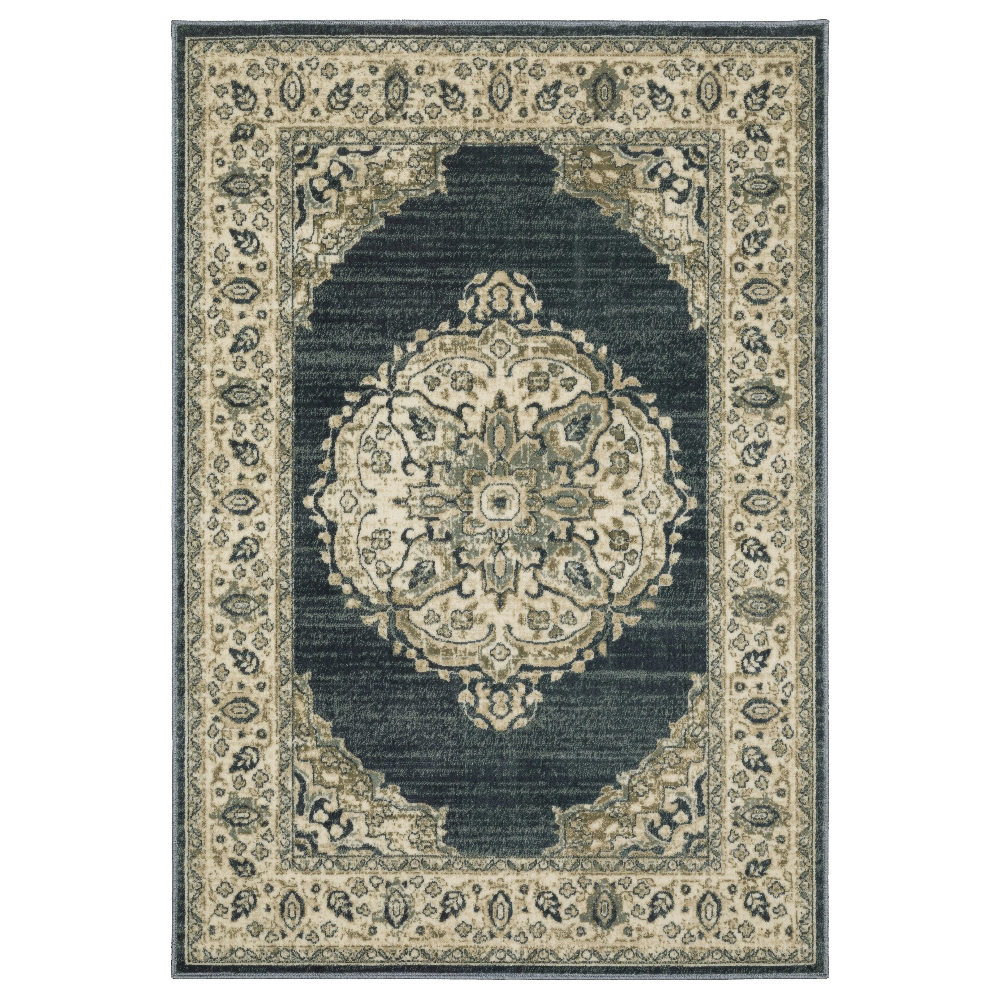 Kaleb Traditional Center Medallion Deep Teal/Ivory Area Rug