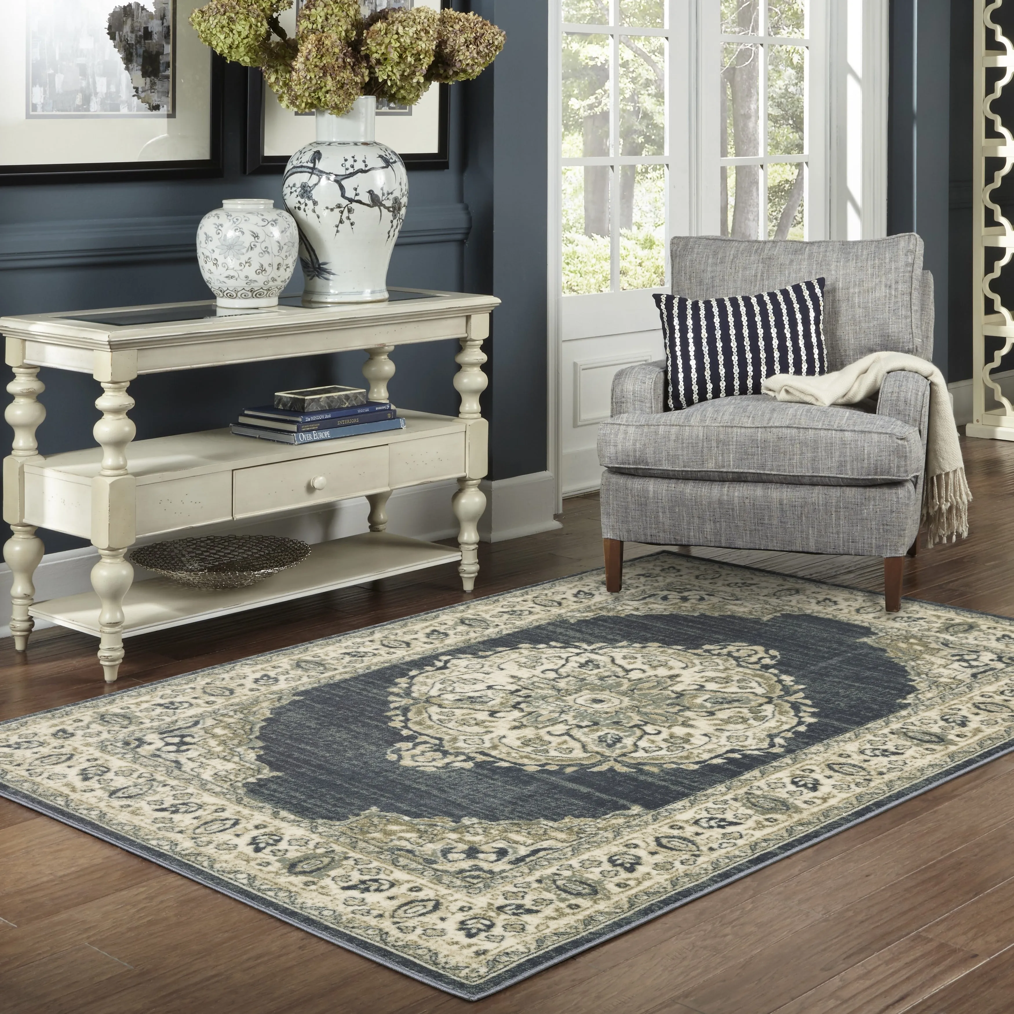 Kaleb Traditional Center Medallion Deep Teal/Ivory Area Rug