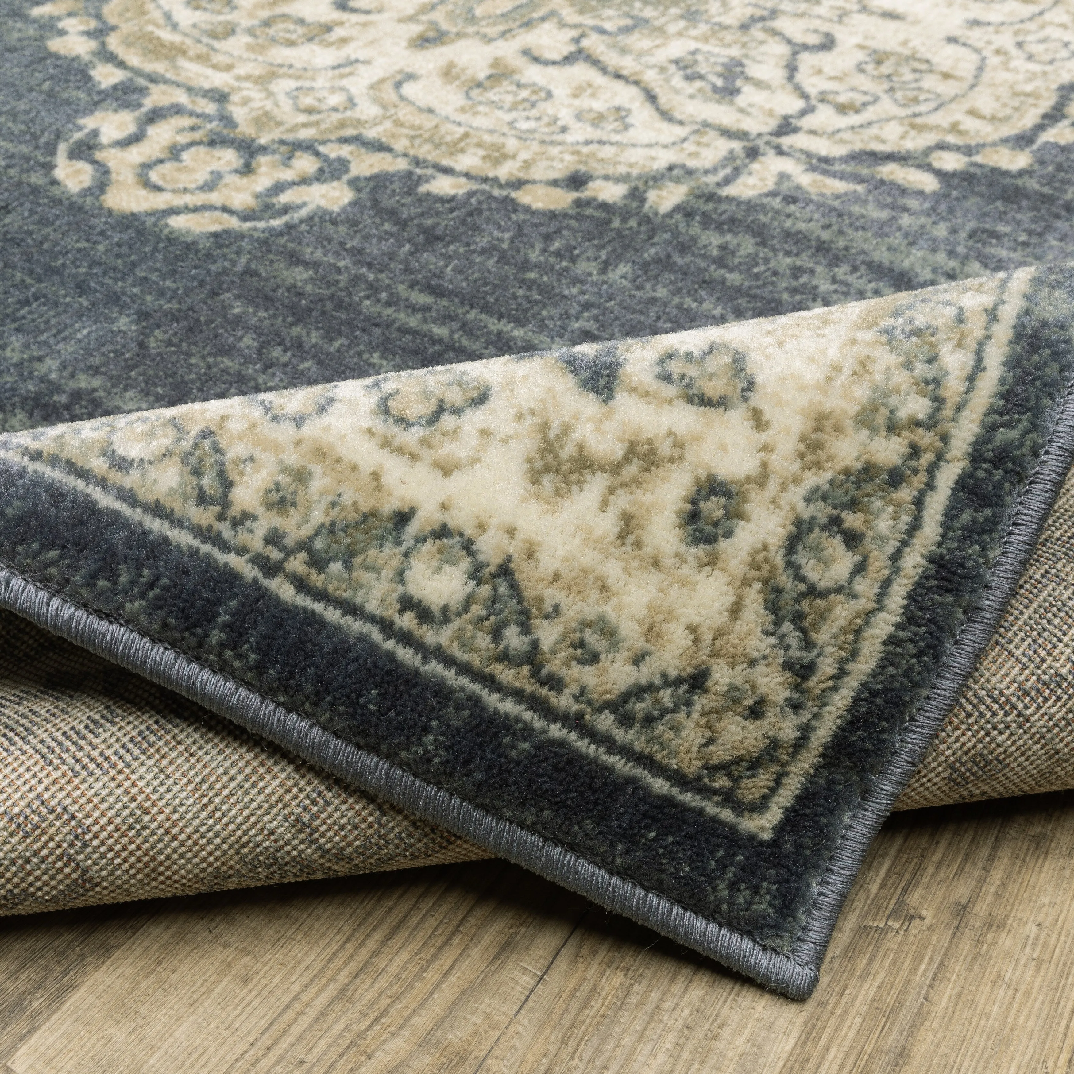 Kaleb Traditional Center Medallion Deep Teal/Ivory Area Rug