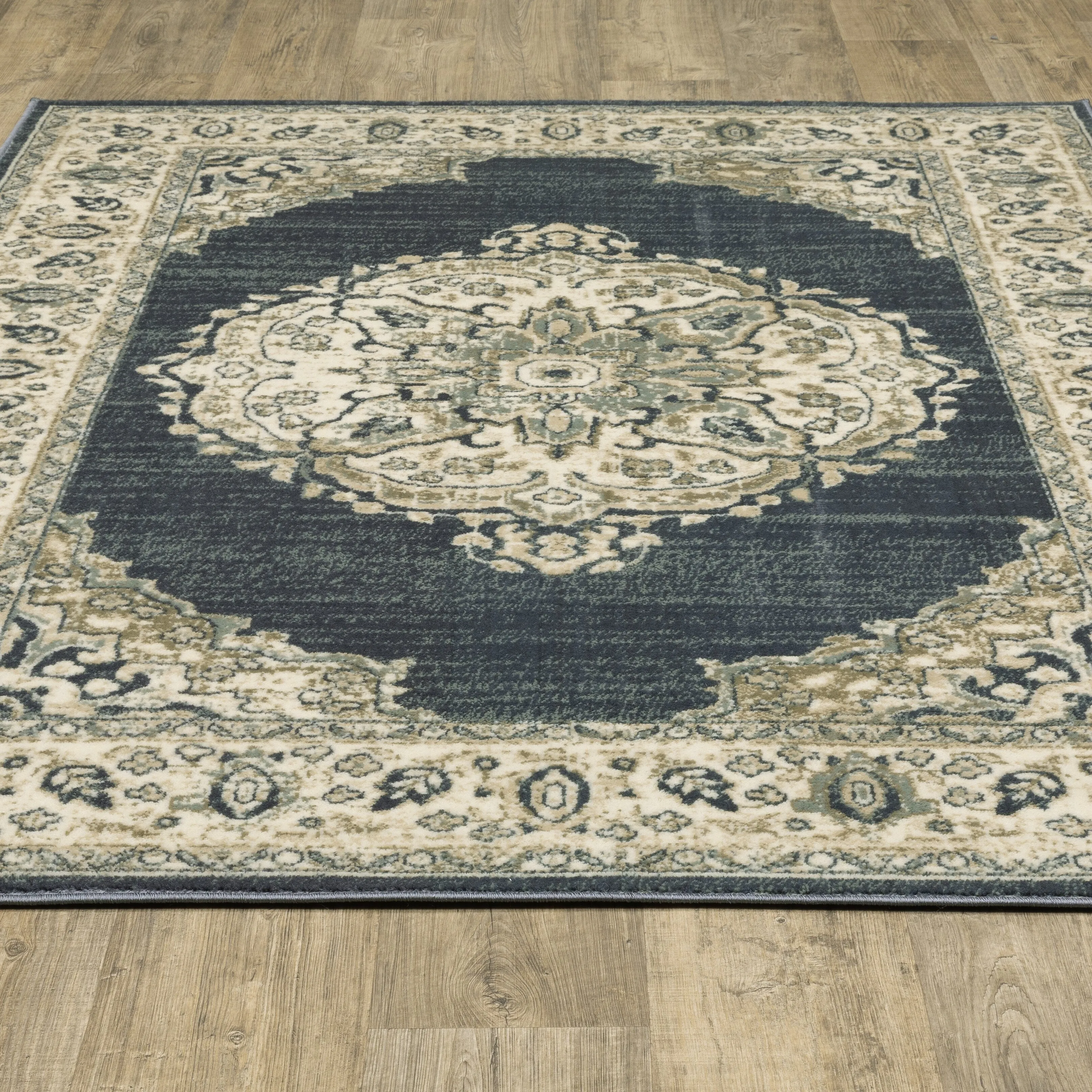 Kaleb Traditional Center Medallion Deep Teal/Ivory Area Rug