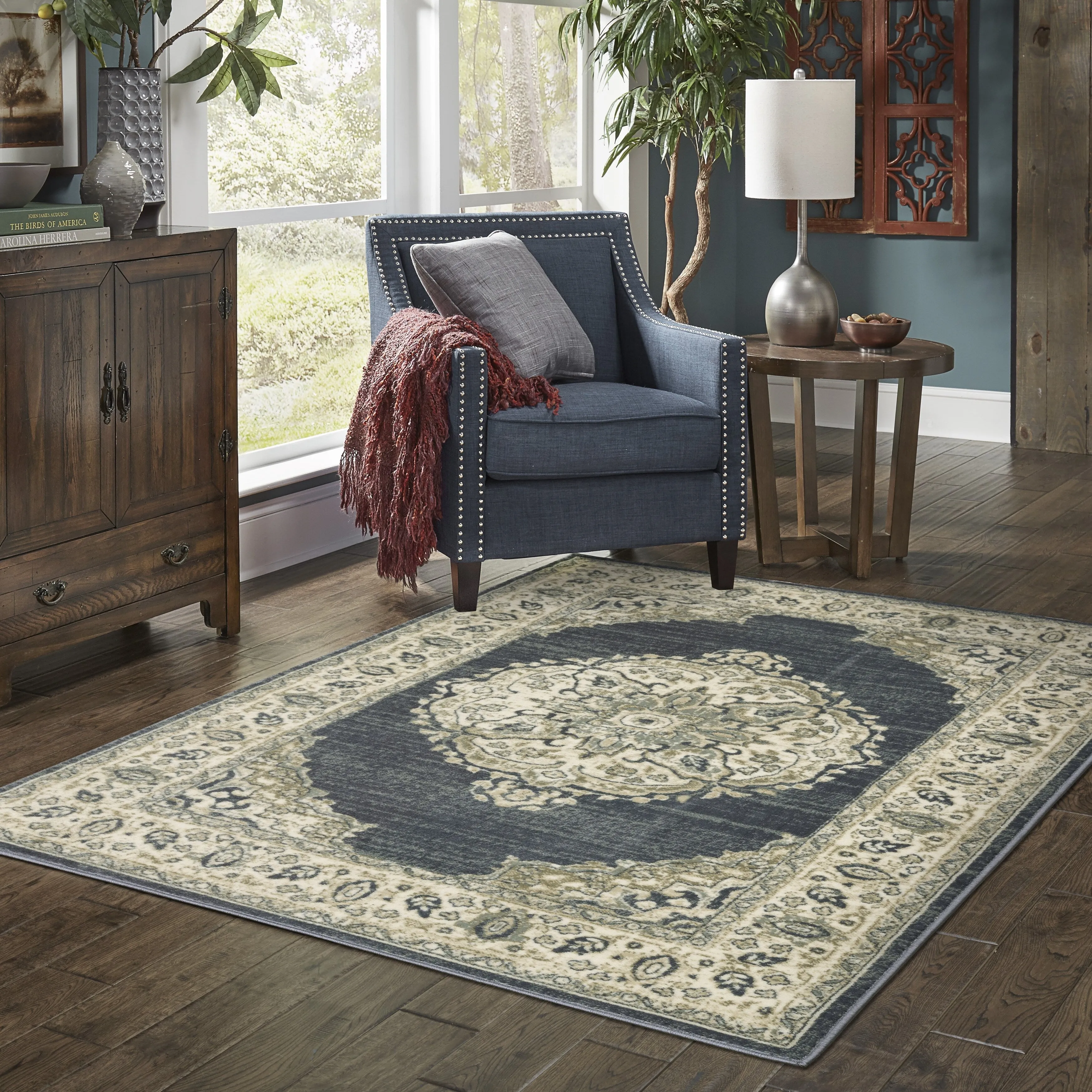 Kaleb Traditional Center Medallion Deep Teal/Ivory Area Rug