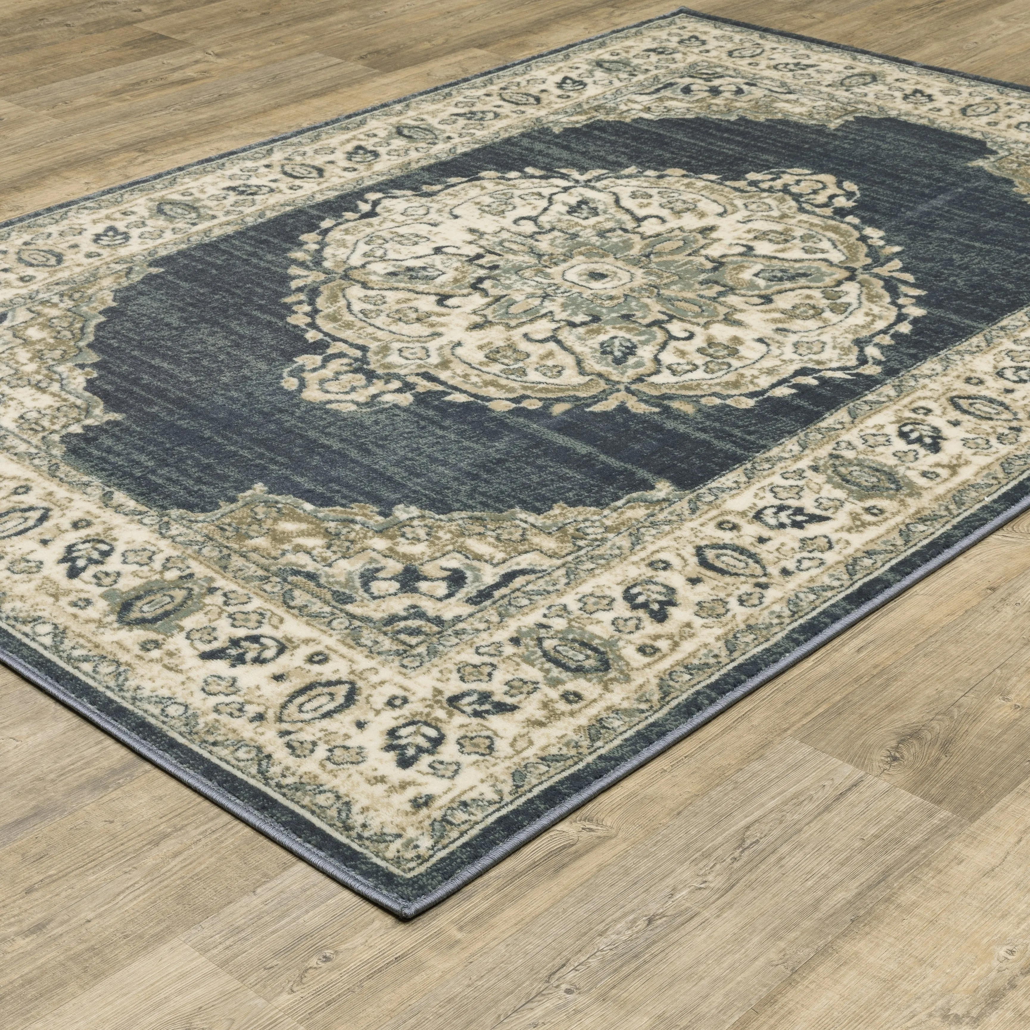 Kaleb Traditional Center Medallion Deep Teal/Ivory Area Rug