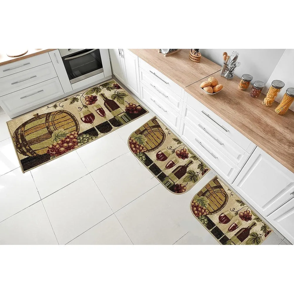 Kashi Home Kitchen Rug. Printed Durable Non Slip Floor Mat. Farmhouse Design 3 Piece Set - 3pc Set (2 18x30 D Shape & 1 20x40)