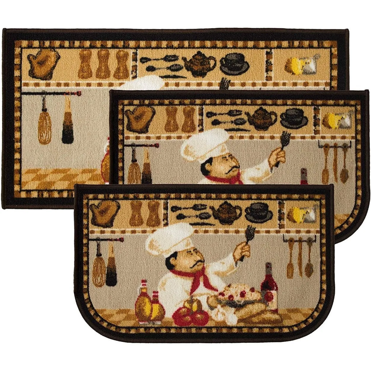 Kashi Home Kitchen Rug. Printed Durable Non Slip Floor Mat. Farmhouse Design 3 Piece Set - 3pc Set (2 18x30 D Shape & 1 20x40)