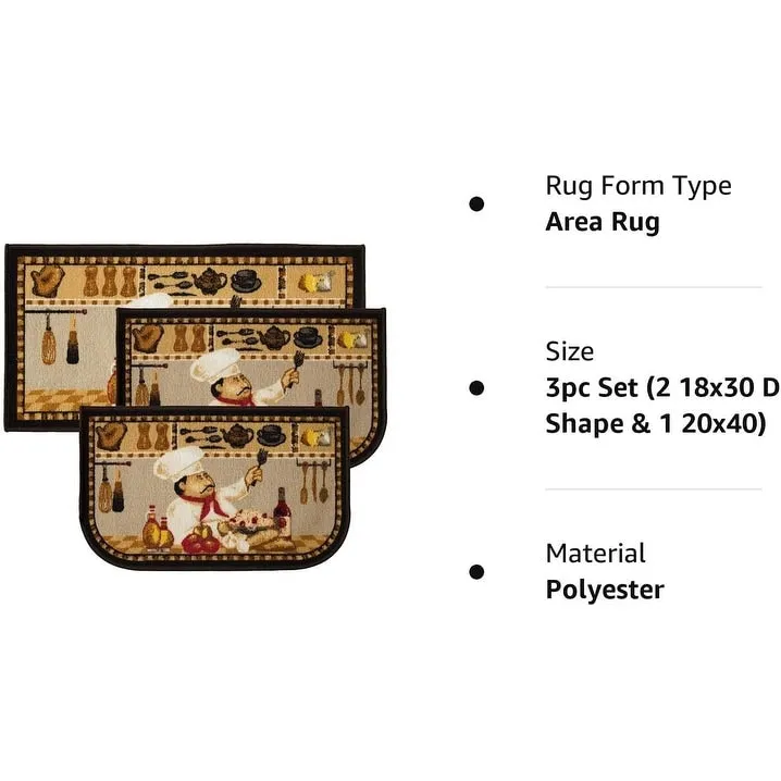 Kashi Home Kitchen Rug. Printed Durable Non Slip Floor Mat. Farmhouse Design 3 Piece Set - 3pc Set (2 18x30 D Shape & 1 20x40)