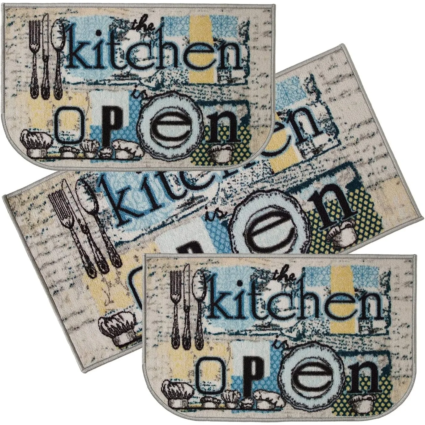 Kashi Home Kitchen Rug. Printed Durable Non Slip Floor Mat. Farmhouse Design 3 Piece Set - 3pc Set (2 18x30 D Shape & 1 20x40)